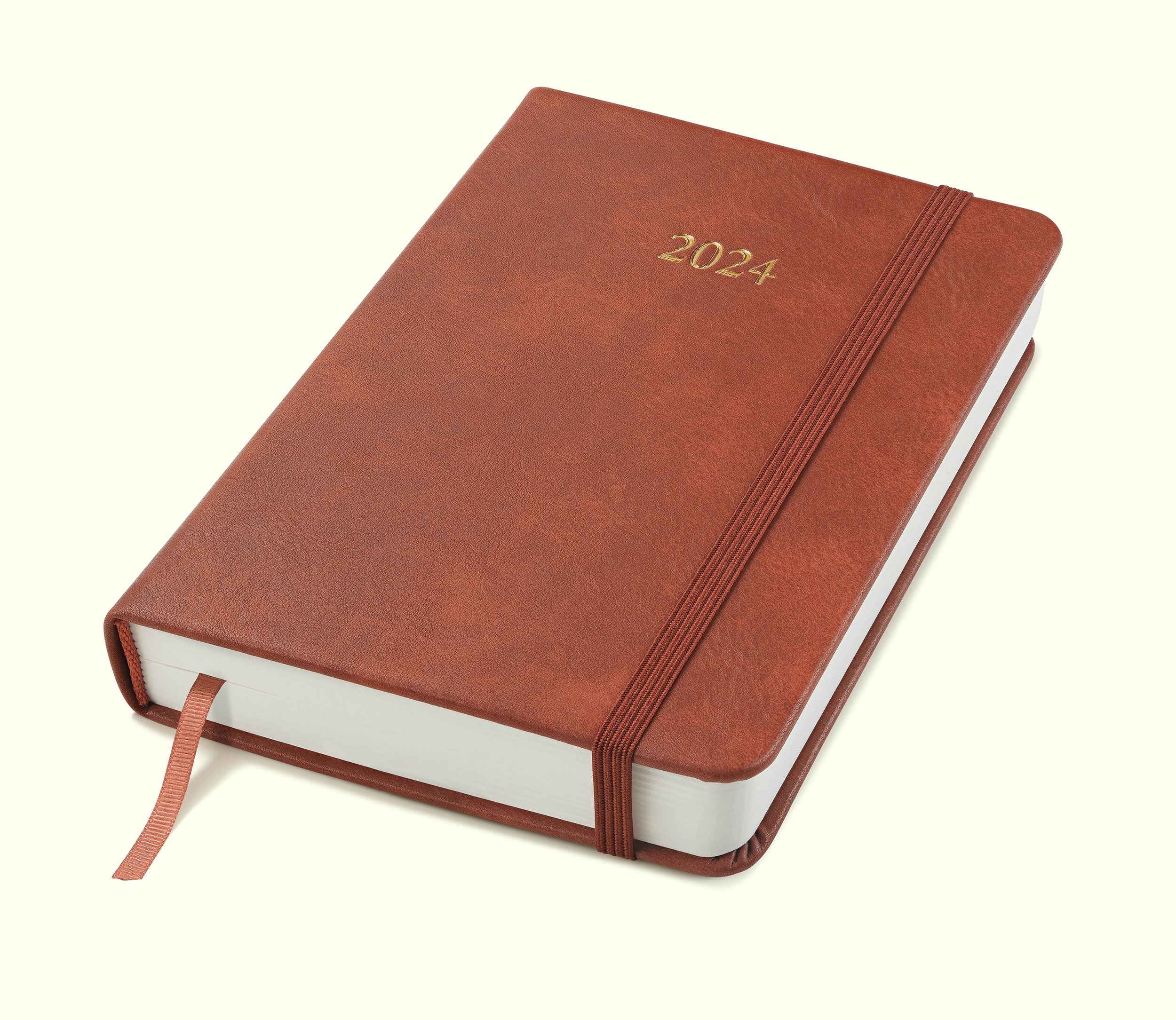 brown 2024 daily journal in a6 sitting on blank background