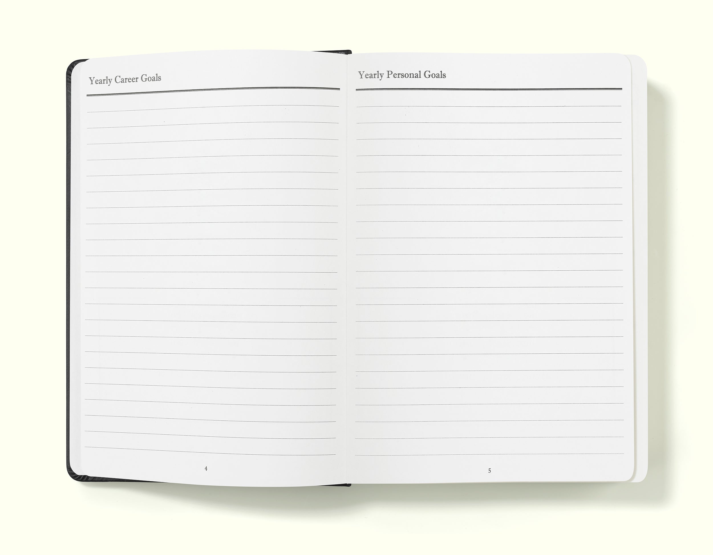yearly career and personal goal pages of black weekly planner in a5 on a blank background