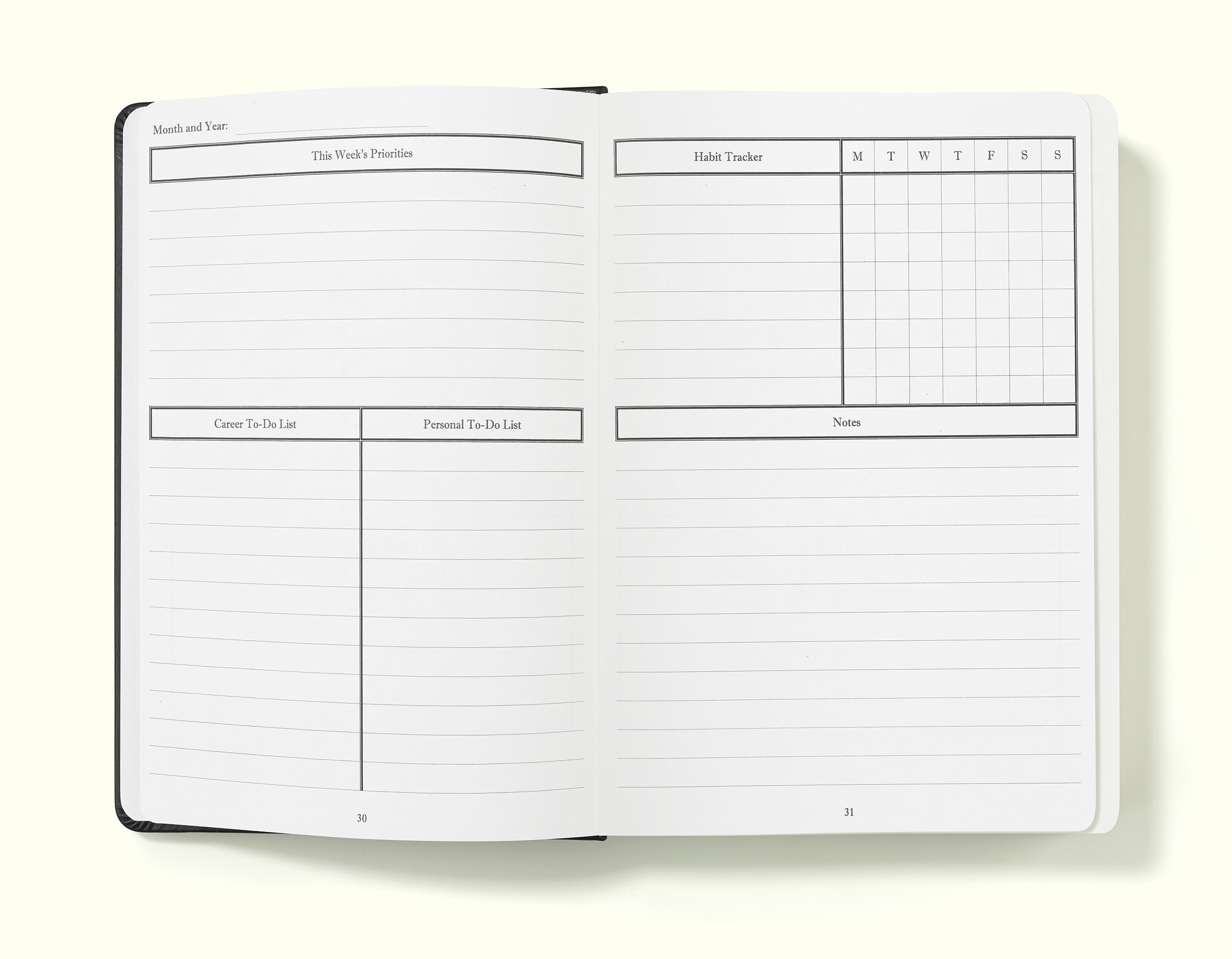 weekly priorities, to-do lists and habit tracker of black weekly planner in a5 on a blank background