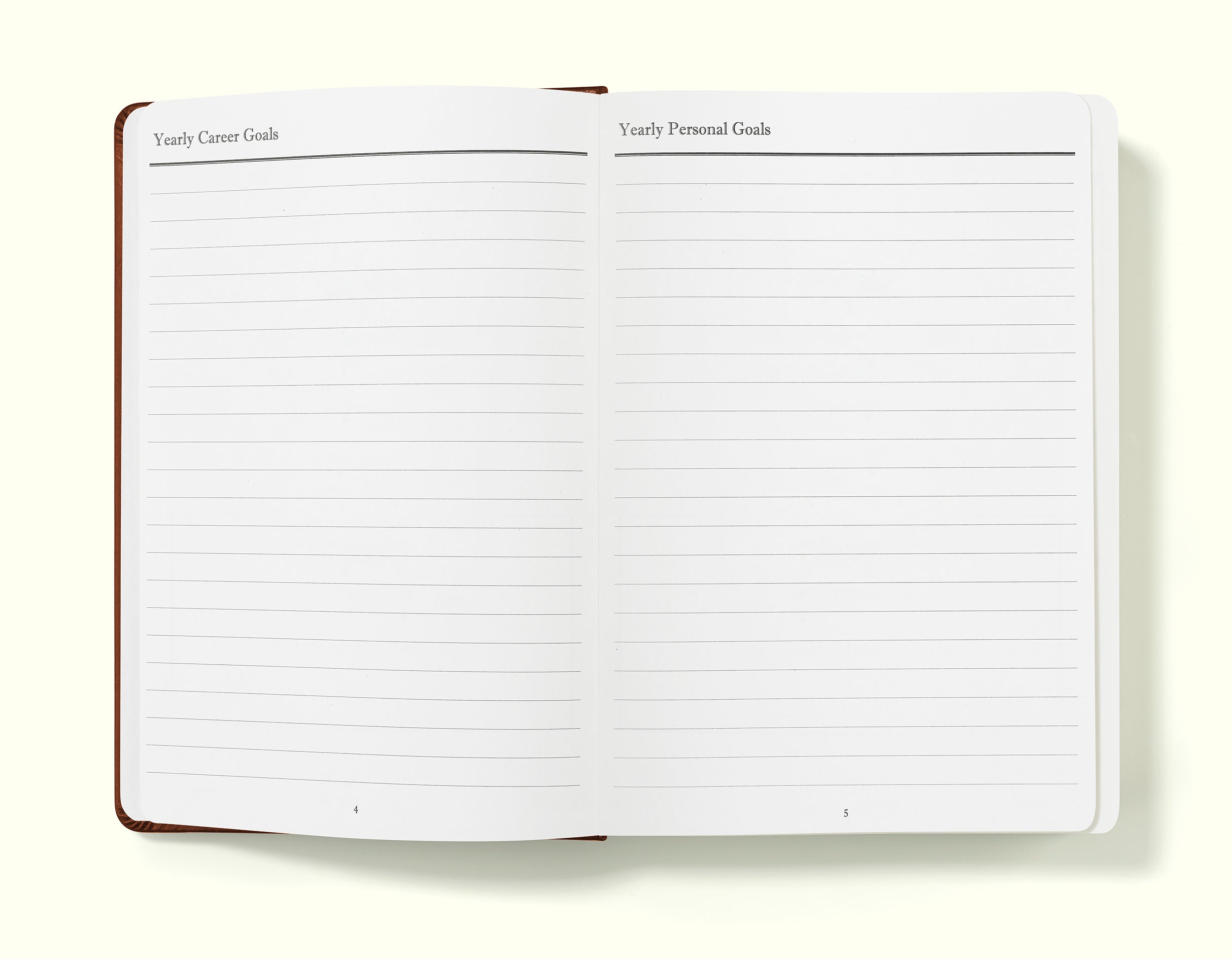 yearly career and personal goals pages of brown weekly planner in a5 on a blank background