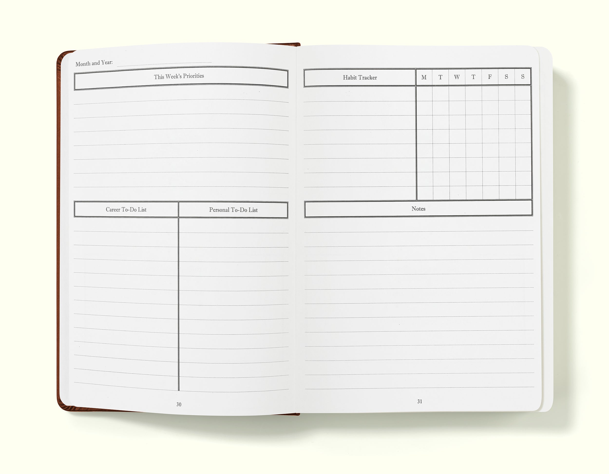 weekly priorities, to-do lists and habit tracker of brown weekly planner in a5 on a blank background