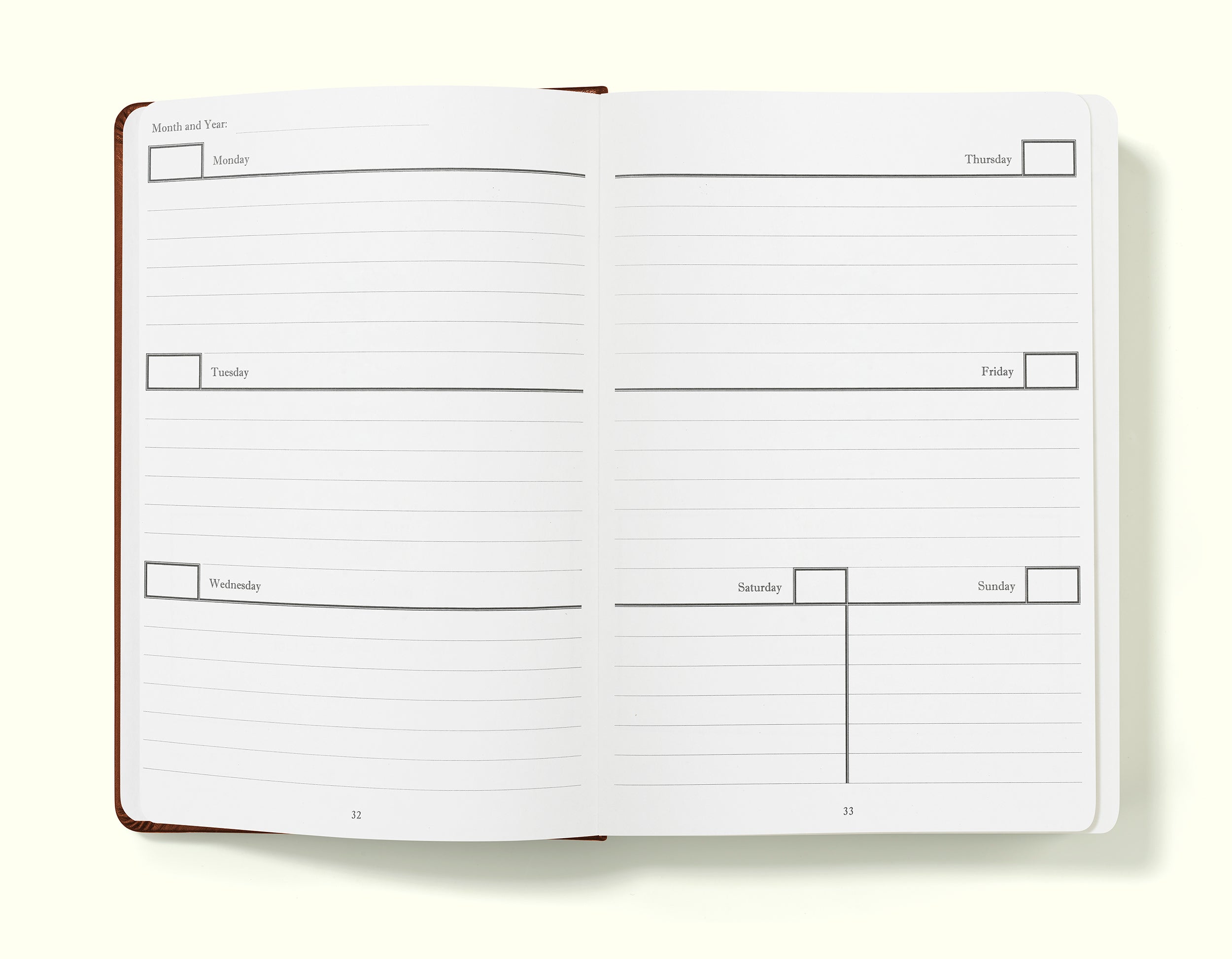 week-to-view planner of brown weekly planner in a5 on a blank background