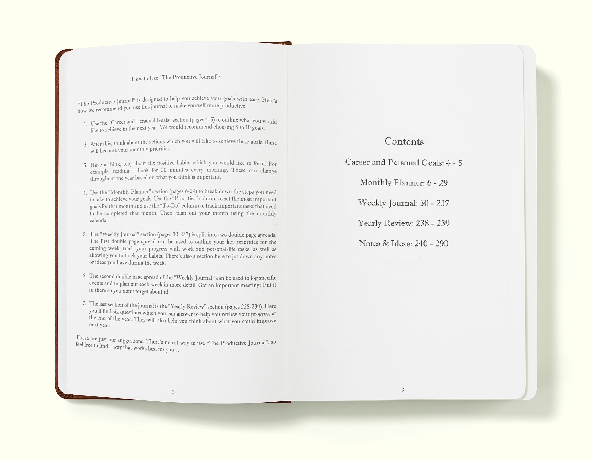 how to use and contents pages of brown weekly planner in a5 on a blank background