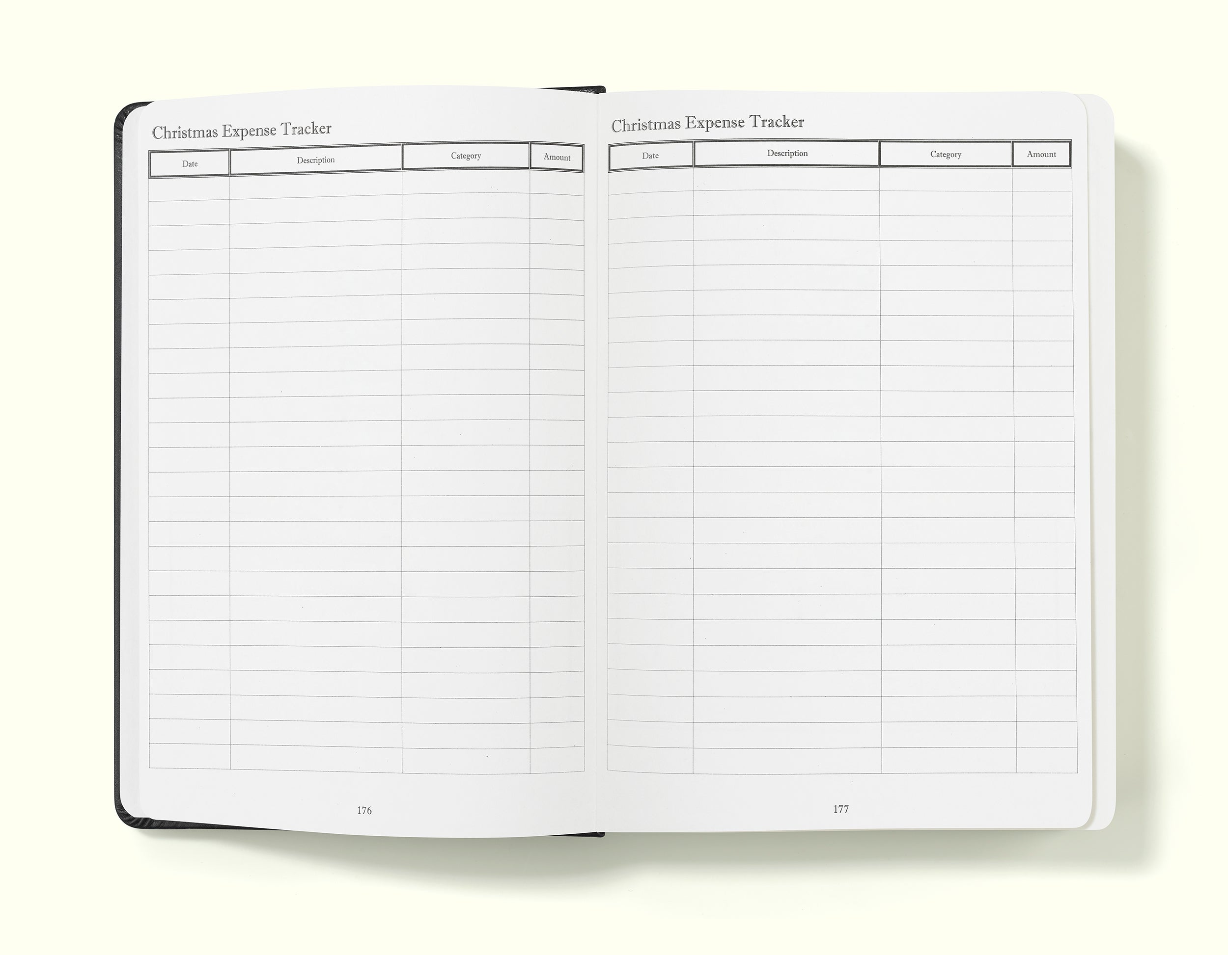 christmas expenses tracker of black financial planner and budgeting book in a5 on a blank background