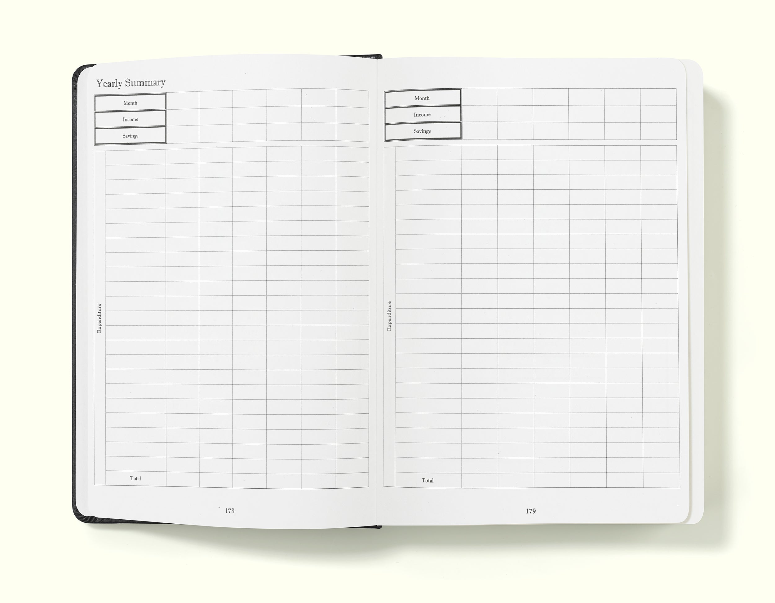 yearly summary pages of black financial planner and budgeting book in a5 on a blank background