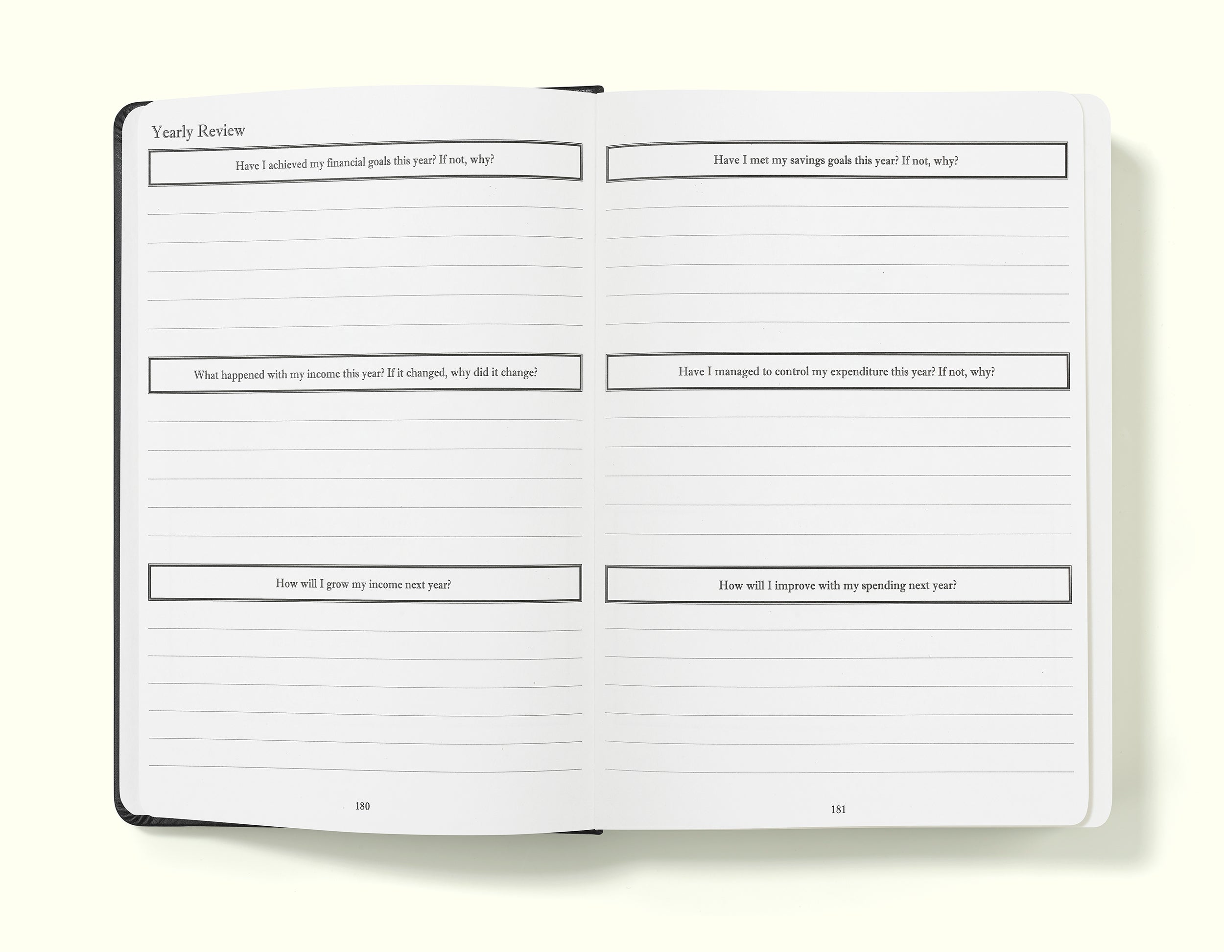 yearly review pages of black financial planner and budgeting book in a5 on a blank background