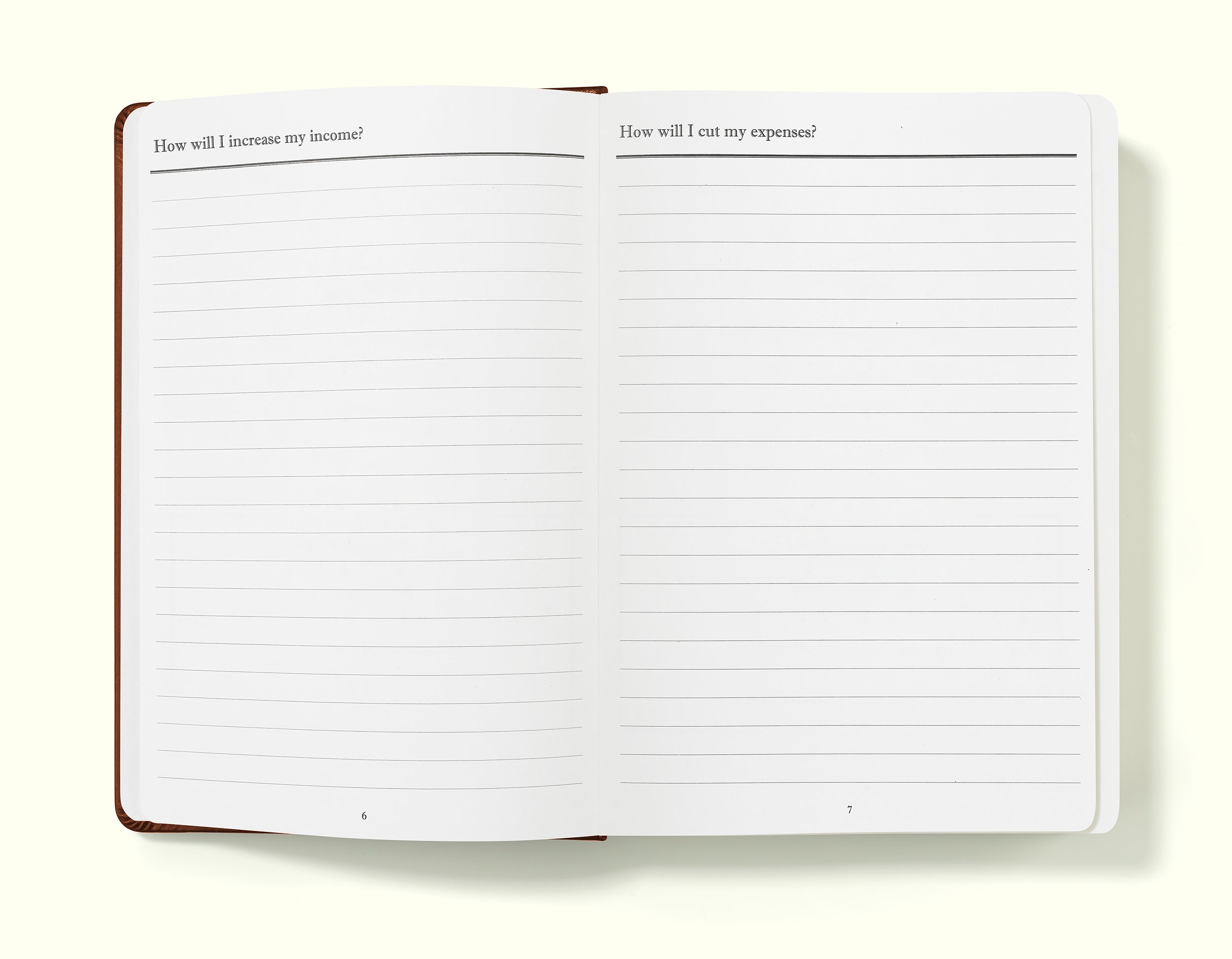 income and expenses pages of brown financial planner and budgeting book in a5 on a blank background