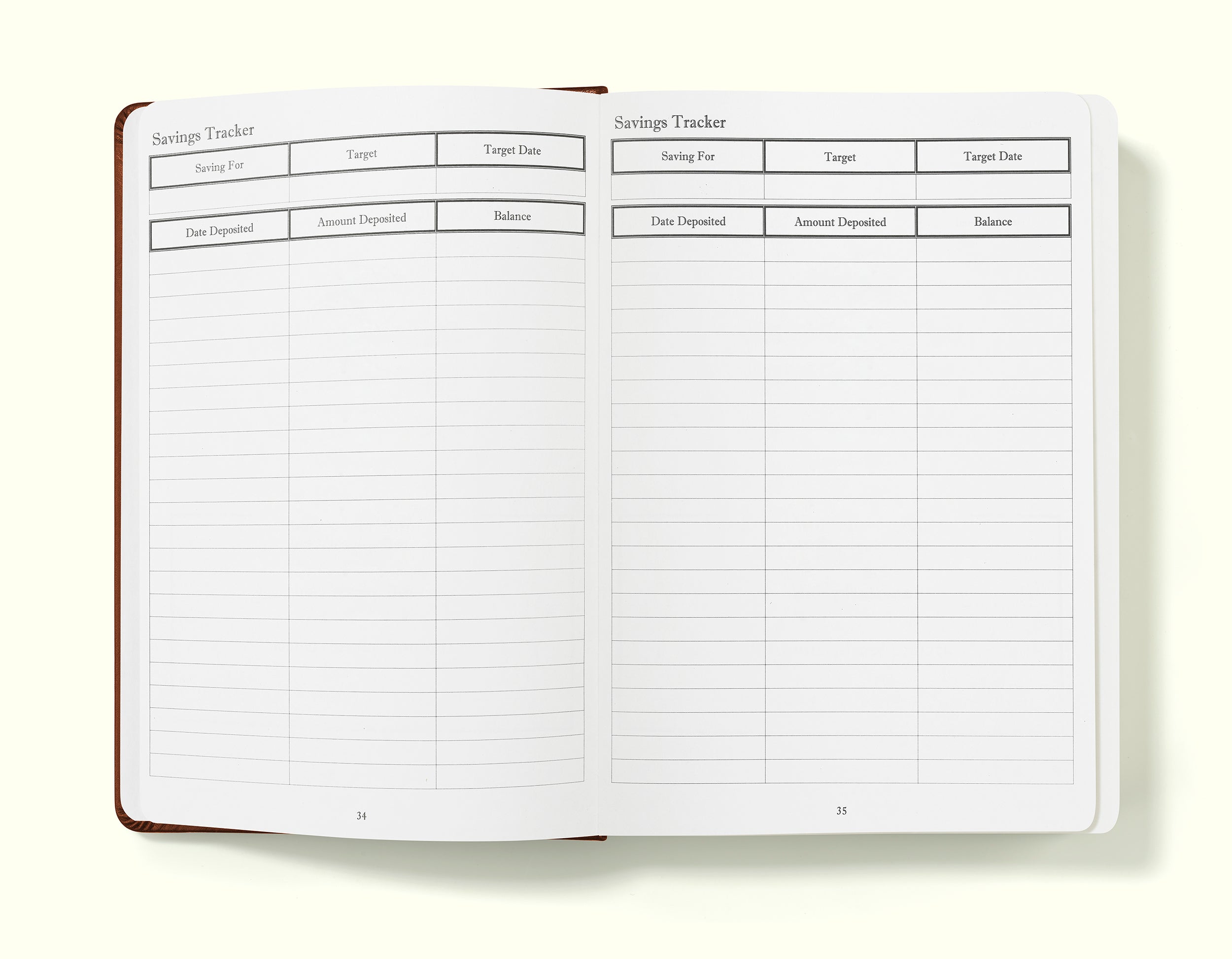 savings tracker of brown financial planner and budgeting book in a5 on a blank background
