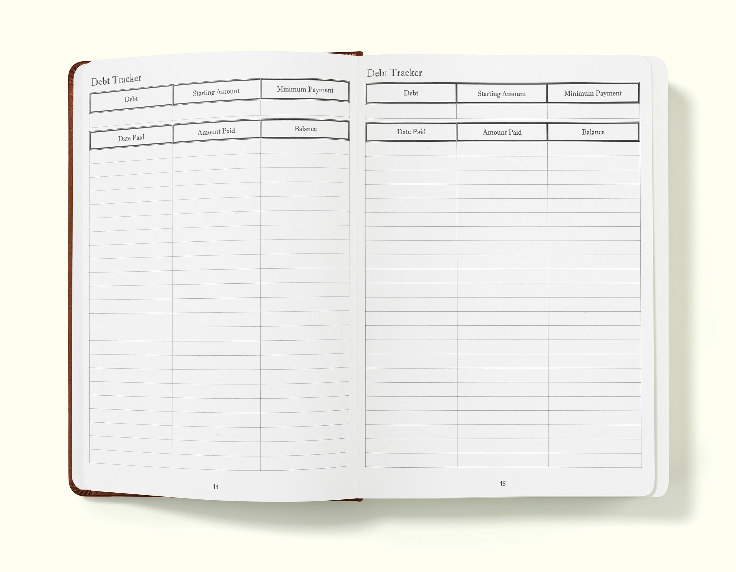 debt tracker of brown financial planner and budgeting book in a5 on a blank background