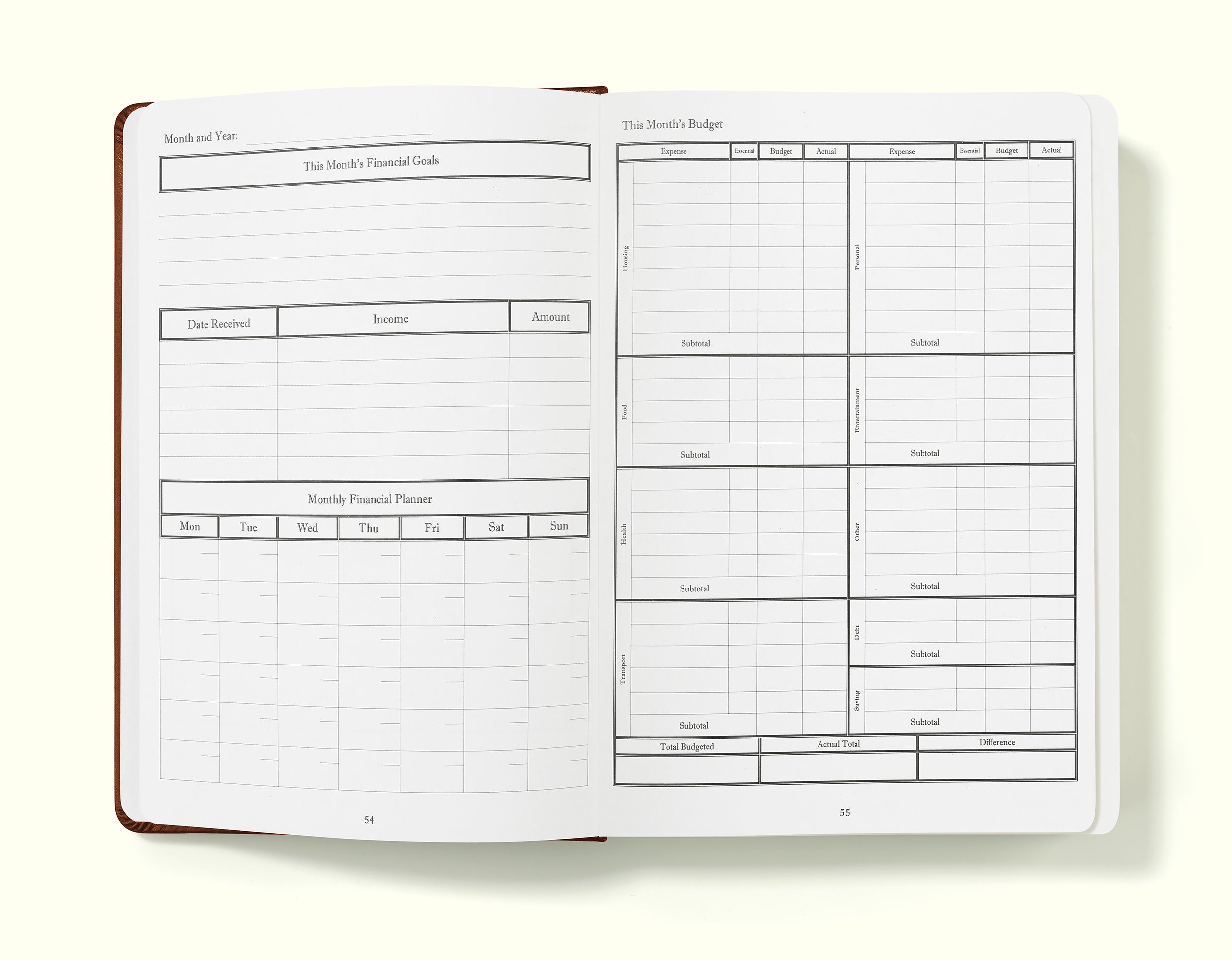monthly budget pages of brown financial planner and budgeting book in a5 on a blank background