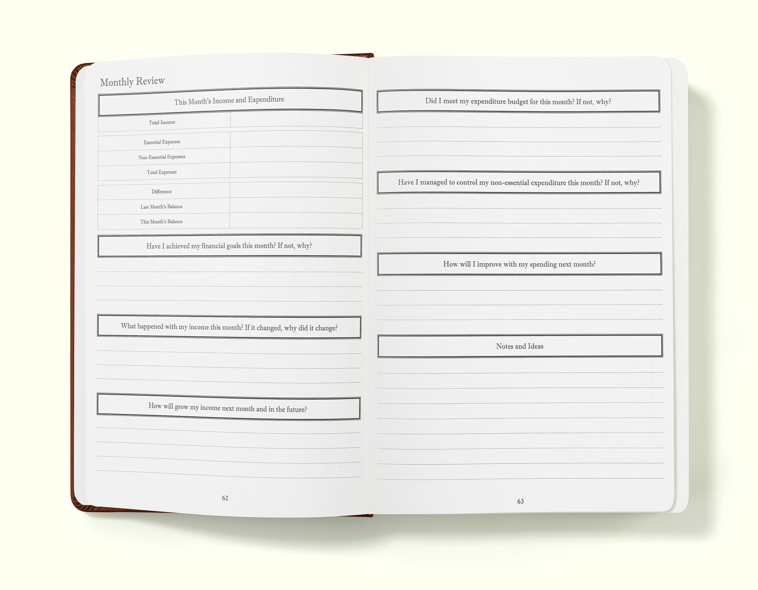 monthly review pages of brown financial planner and budgeting book in a5 on a blank background