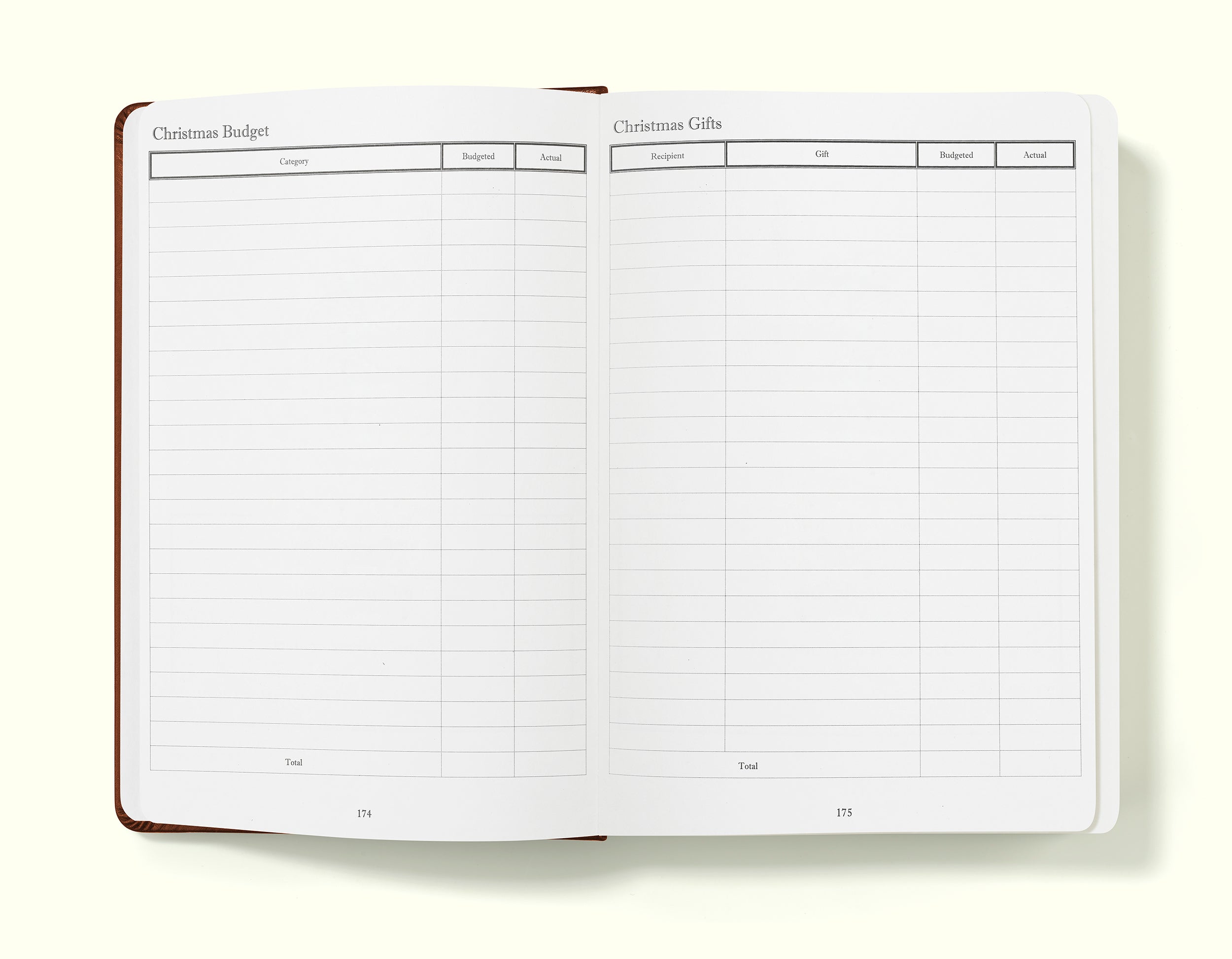 Christmas budget and gifts pages of brown financial planner and budgeting book in a5 on a blank background