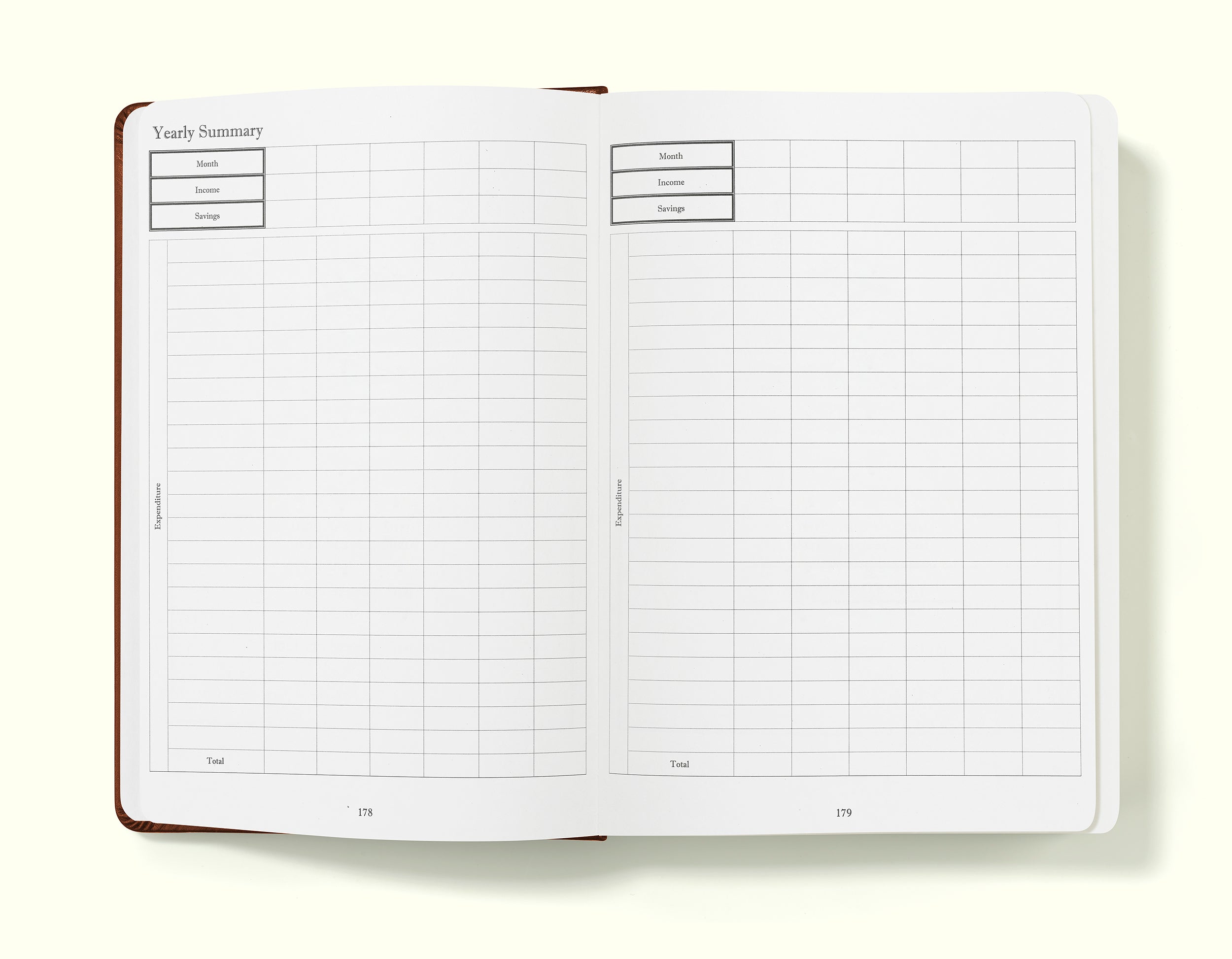 yearly summary pages of brown financial planner and budgeting book in a5 on a blank background