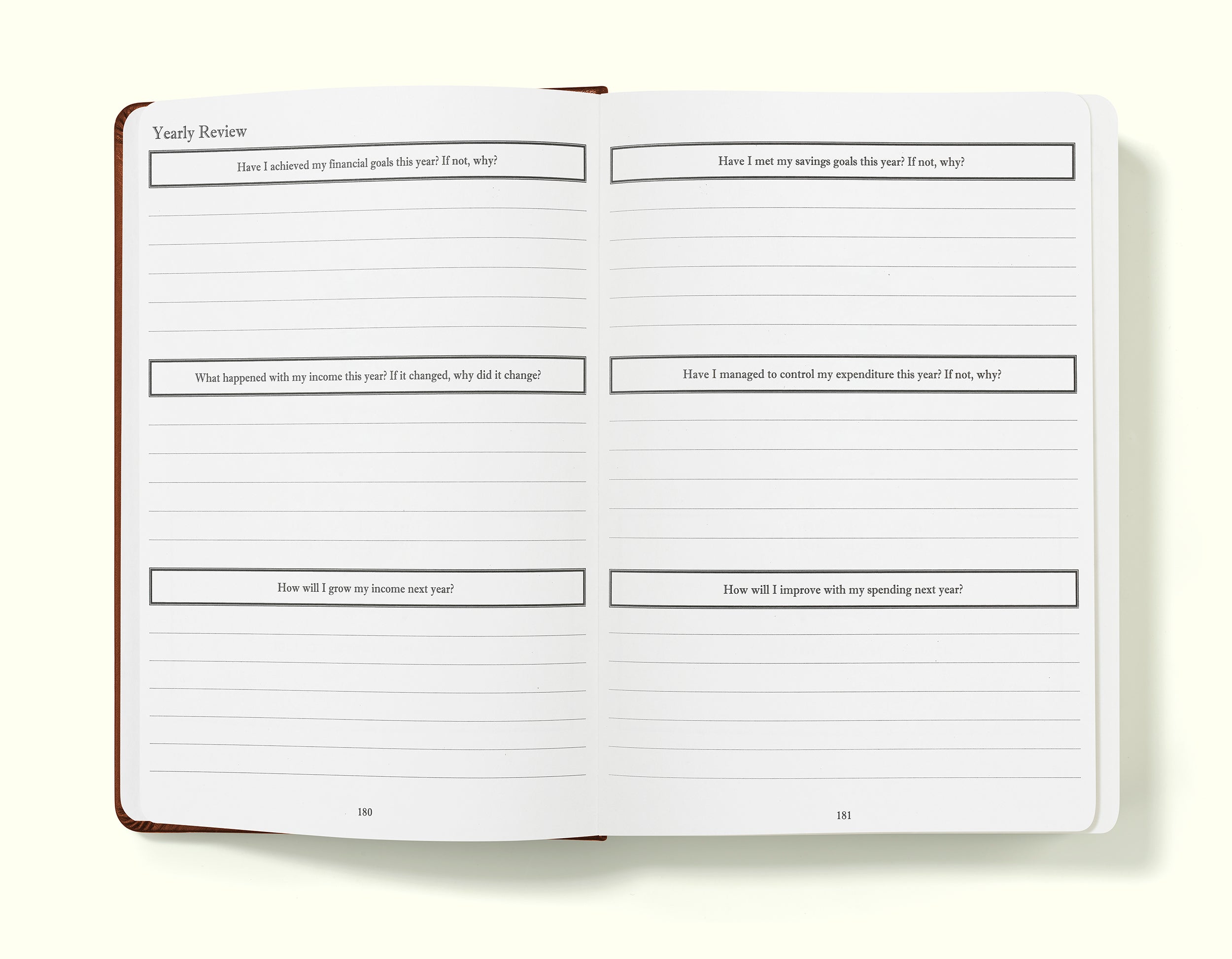 yearly review pages of brown financial planner and budgeting book in a5 on a blank background