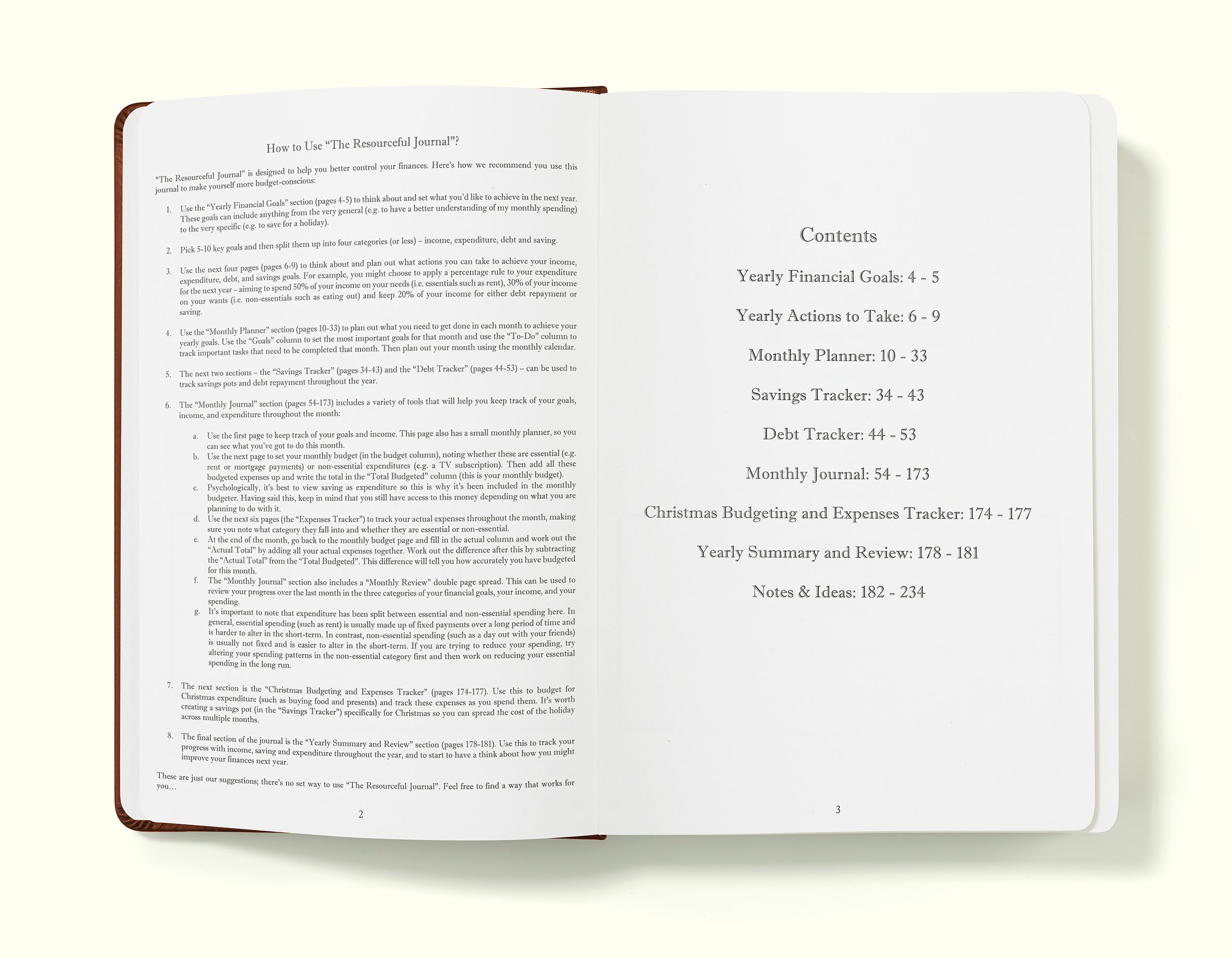how to use and contents pages of brown financial planner and budgeting book in a5 on a blank background