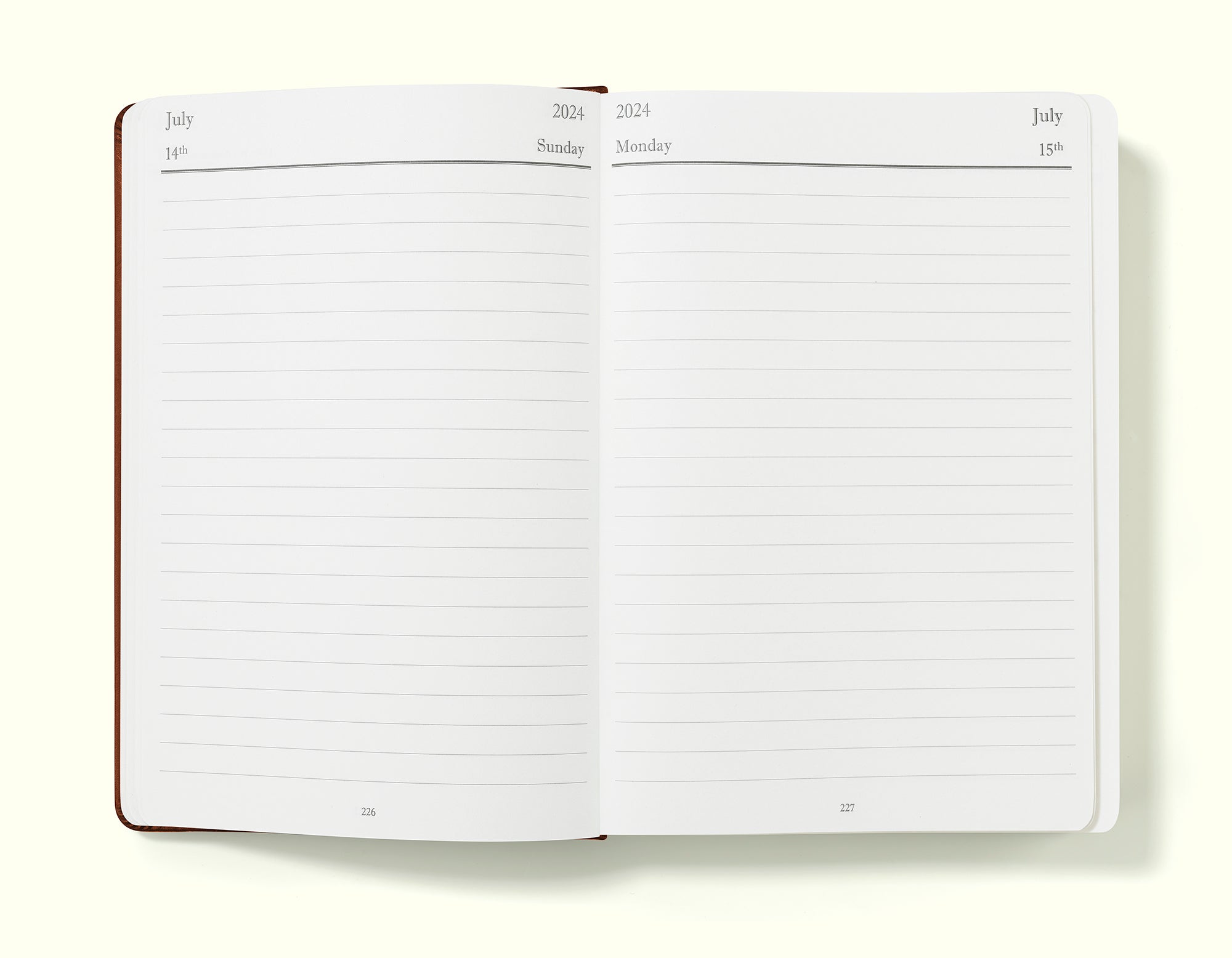 daily planner pages of brown 2024 daily journal in a6 sitting on blank background