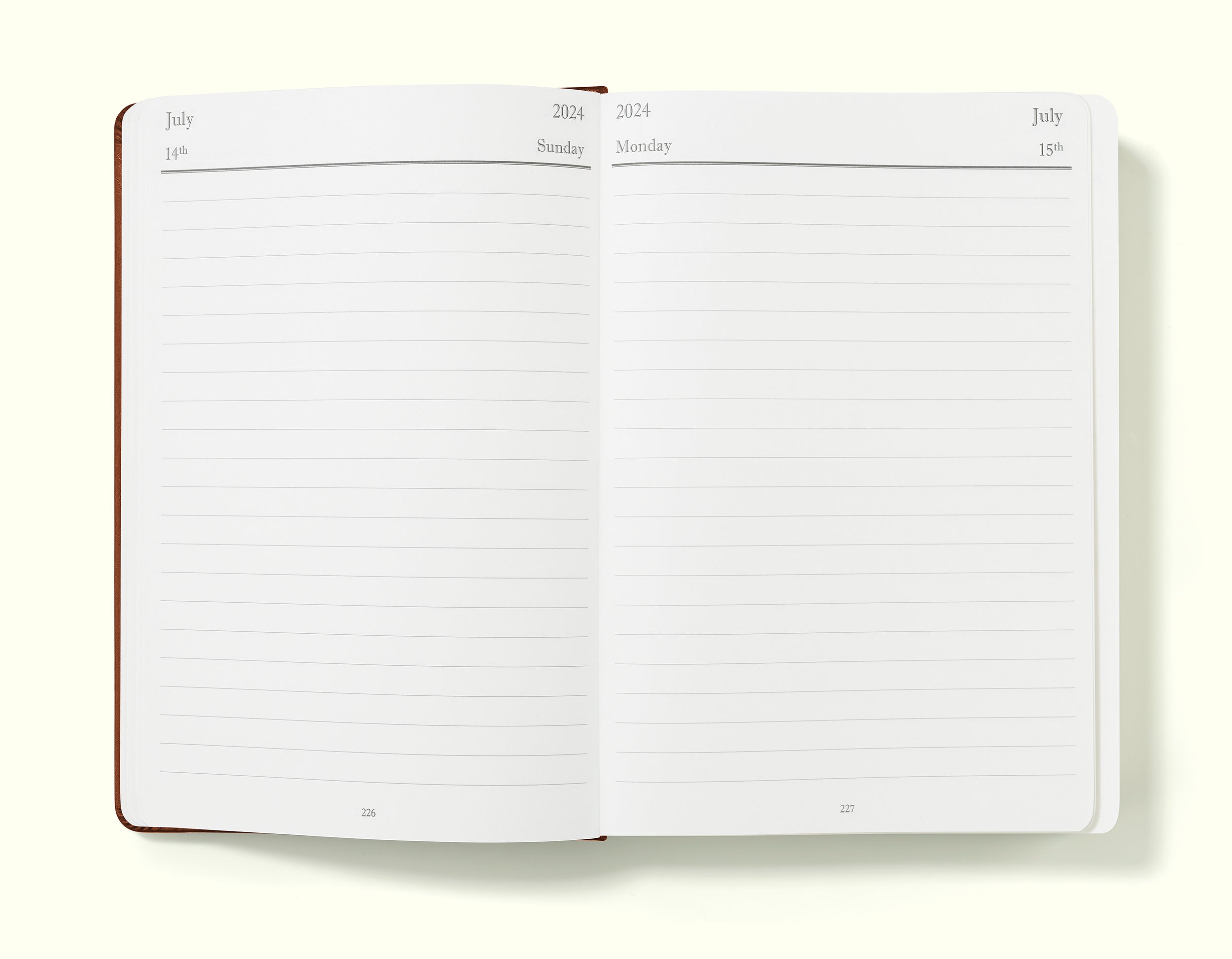 daily planner pages of brown 2024 daily journal in a5 sitting on blank background