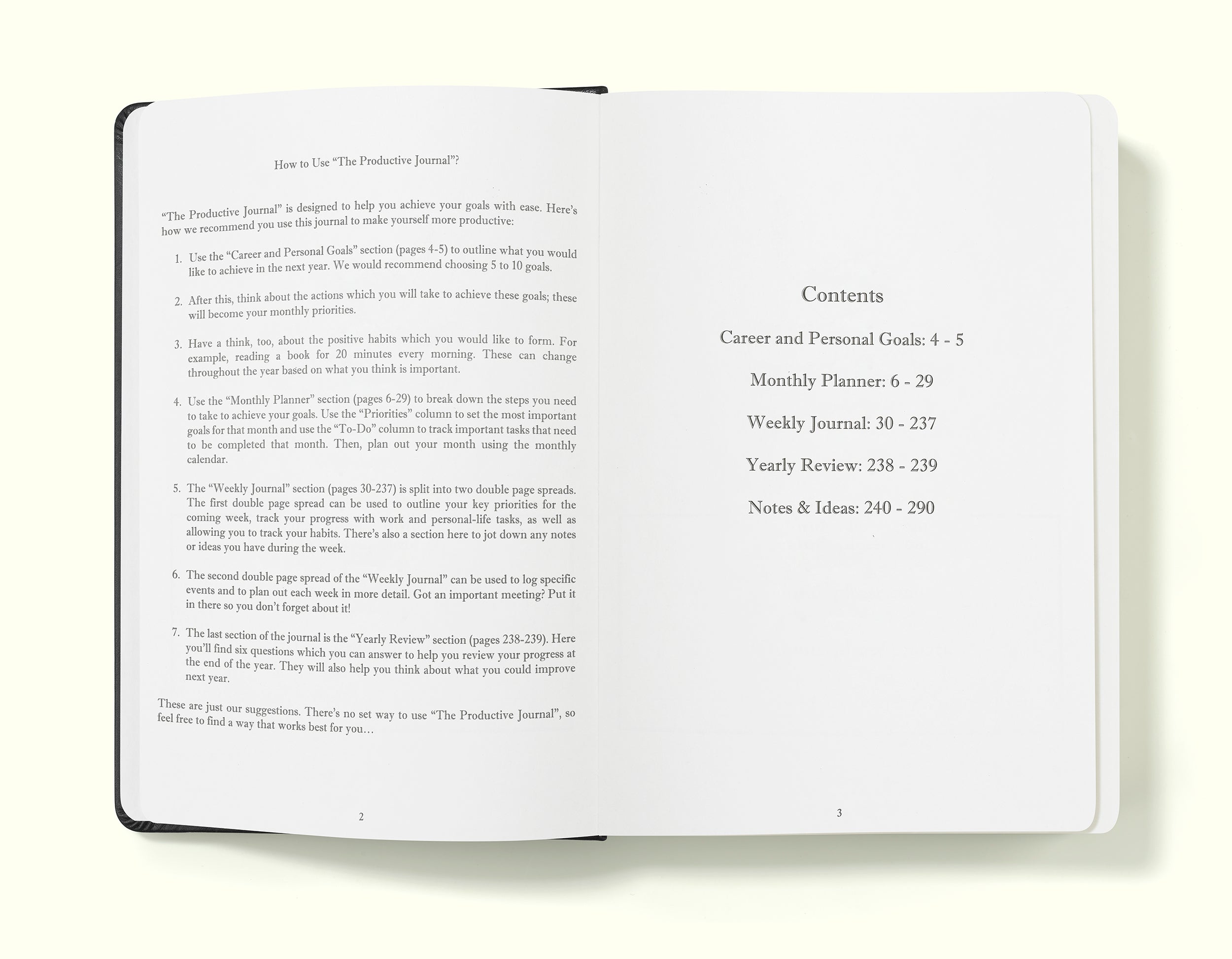 how to use and contents pages of black weekly planner in a5 on a blank background