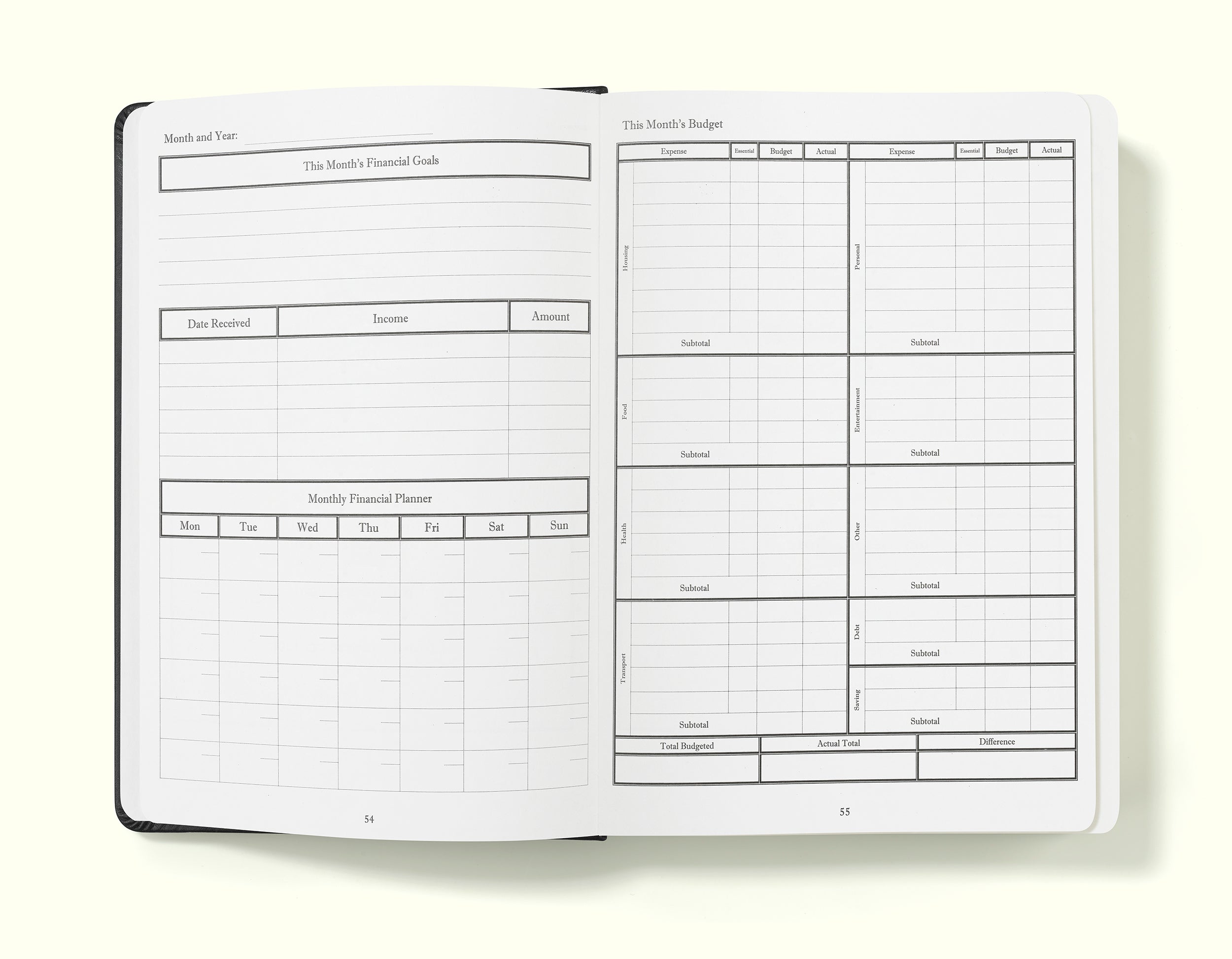 monthly budgeting pages of black financial planner and budgeting book in a5 on a blank background