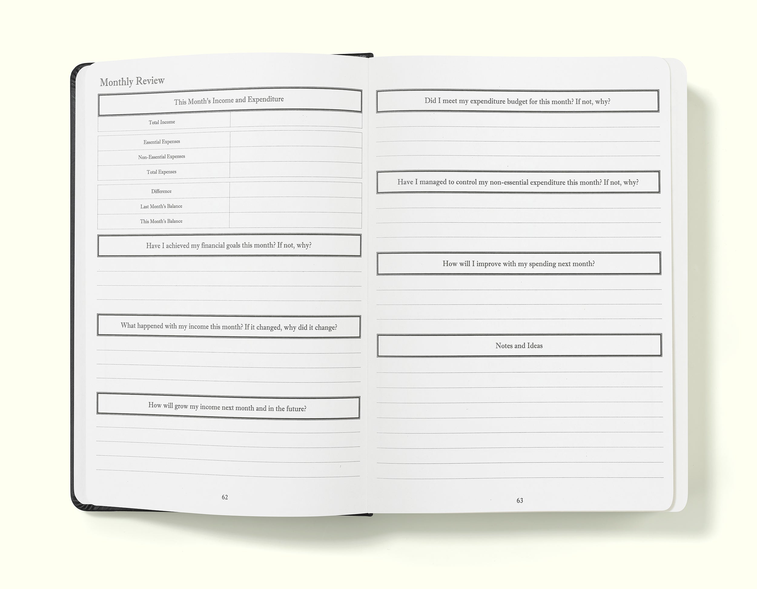 monthly review pages of black financial planner and budgeting book in a5 on a blank background