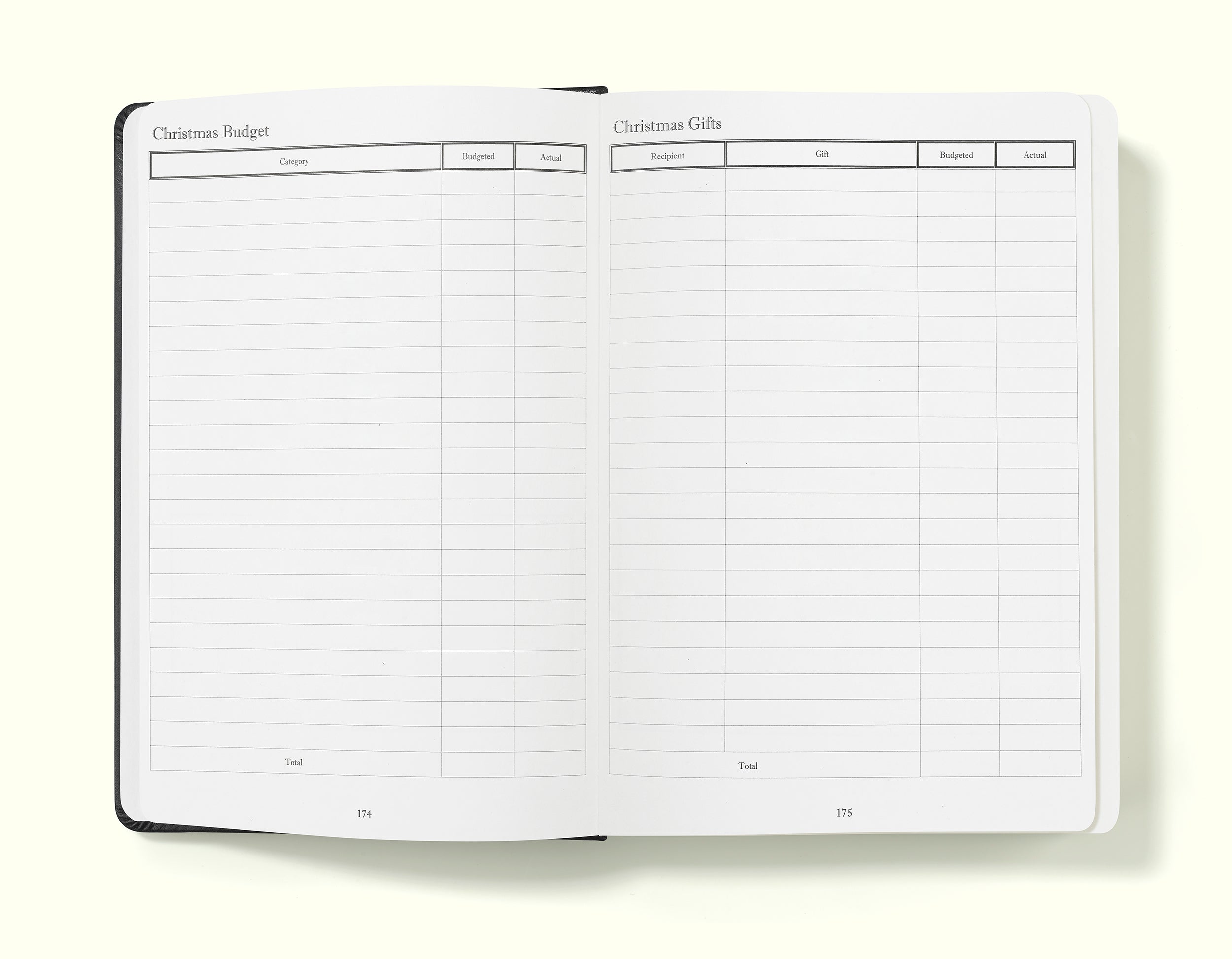 christmas budget and gifts pages of black financial planner and budgeting book in a5 on a blank background