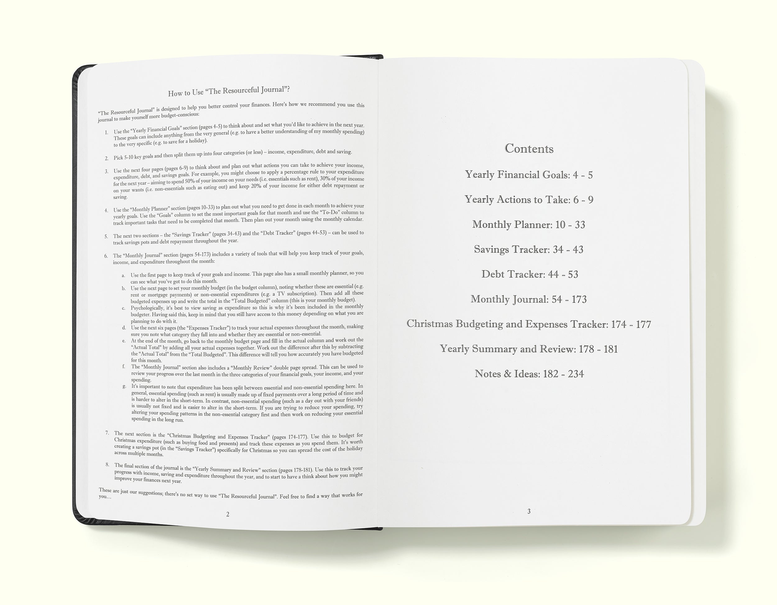 how to use and contents pages of black financial planner and budgeting book in a5 on a blank background