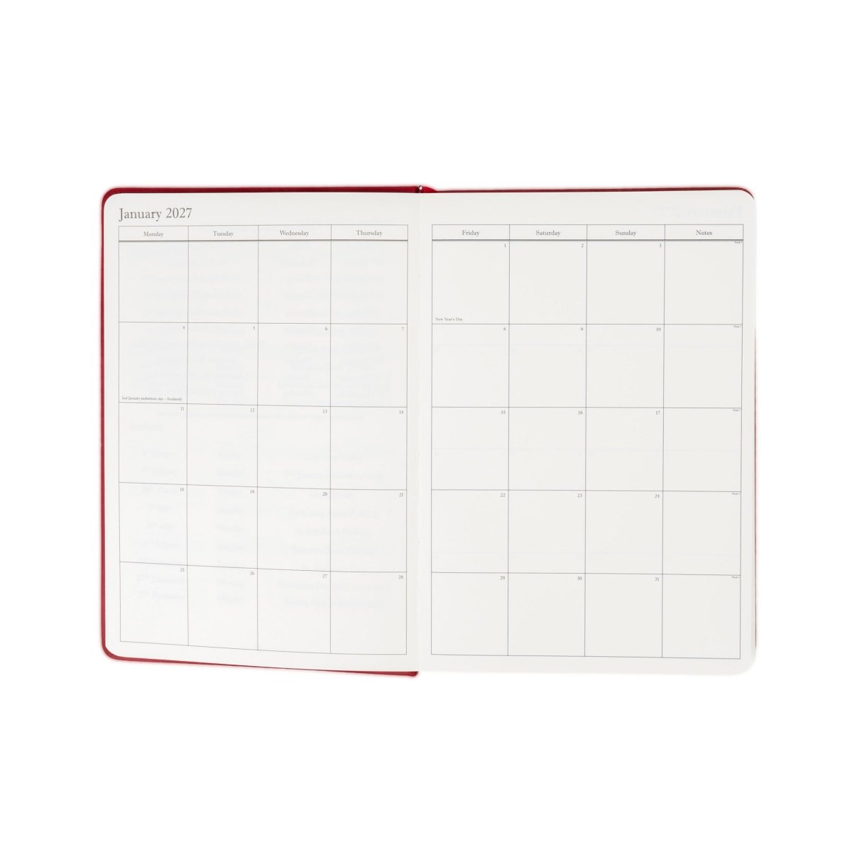 Executive journal open to January 2027 and monthly calendar layout
