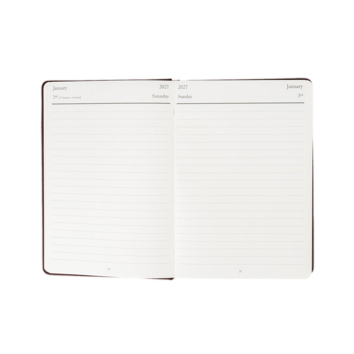 Brown-trimmed 2027 executive journal open to two pages of weekly lined planning.