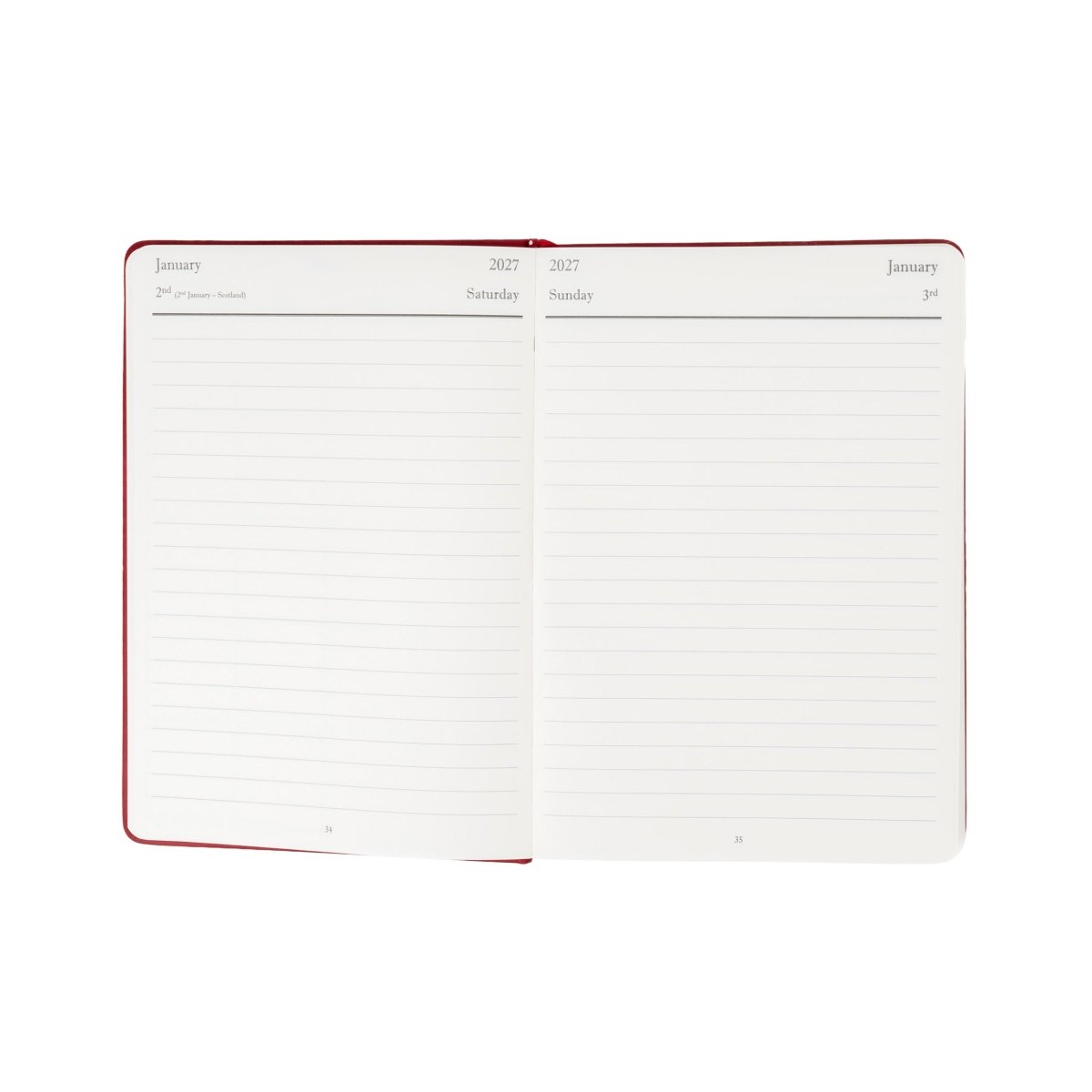 Executive journal open spread with 2027 monthly calendar grids