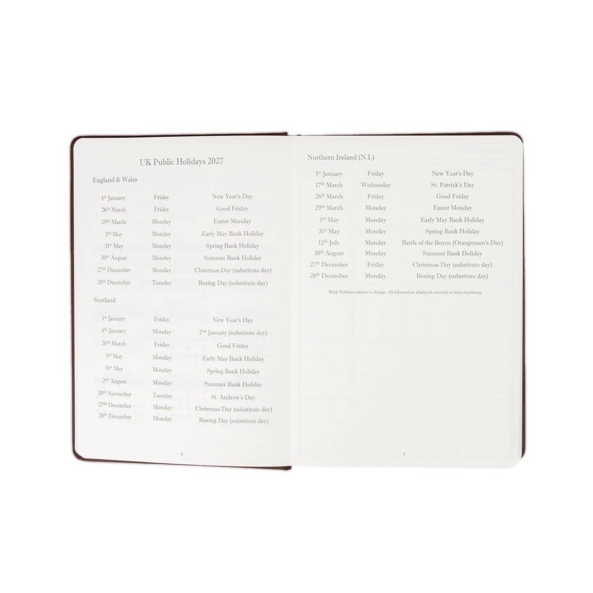 Open 2027 executive journal with UK public holiday list and numbered holidays page