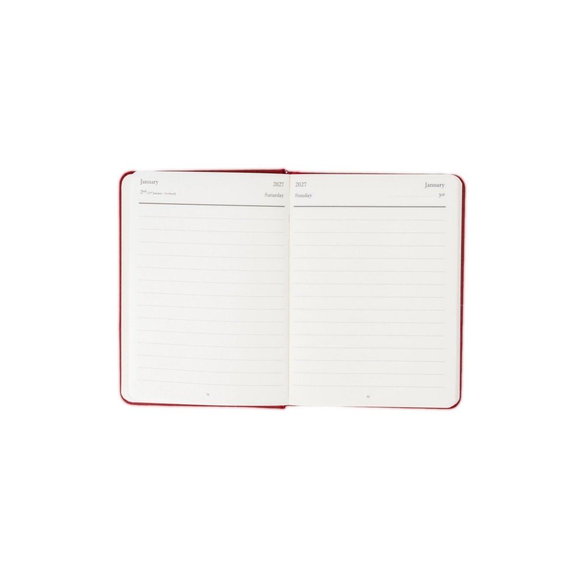 Planner interior open spread with lined writing sections and red-trim edges