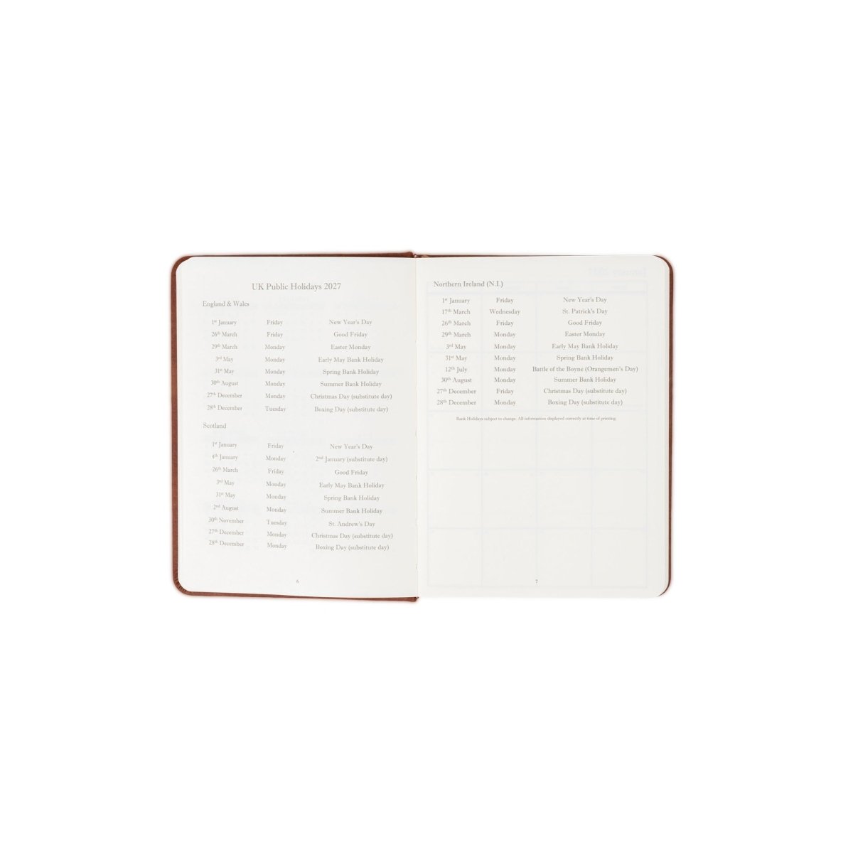 Brown-trimmed 2027 executive journal open to contents list and blank planning area.