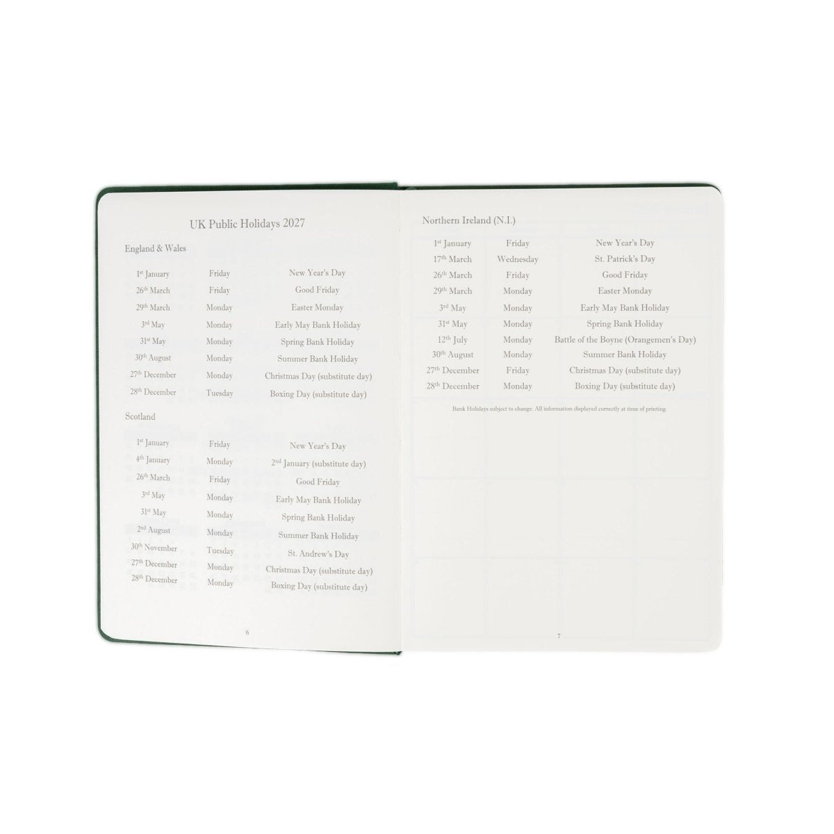 2027 planner journal open, with UK holiday list and Northern Ireland section