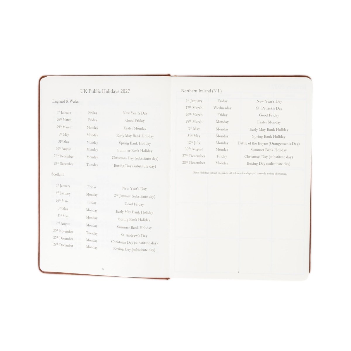 2027 planner journal open, showing UK holiday list with dates on both pages