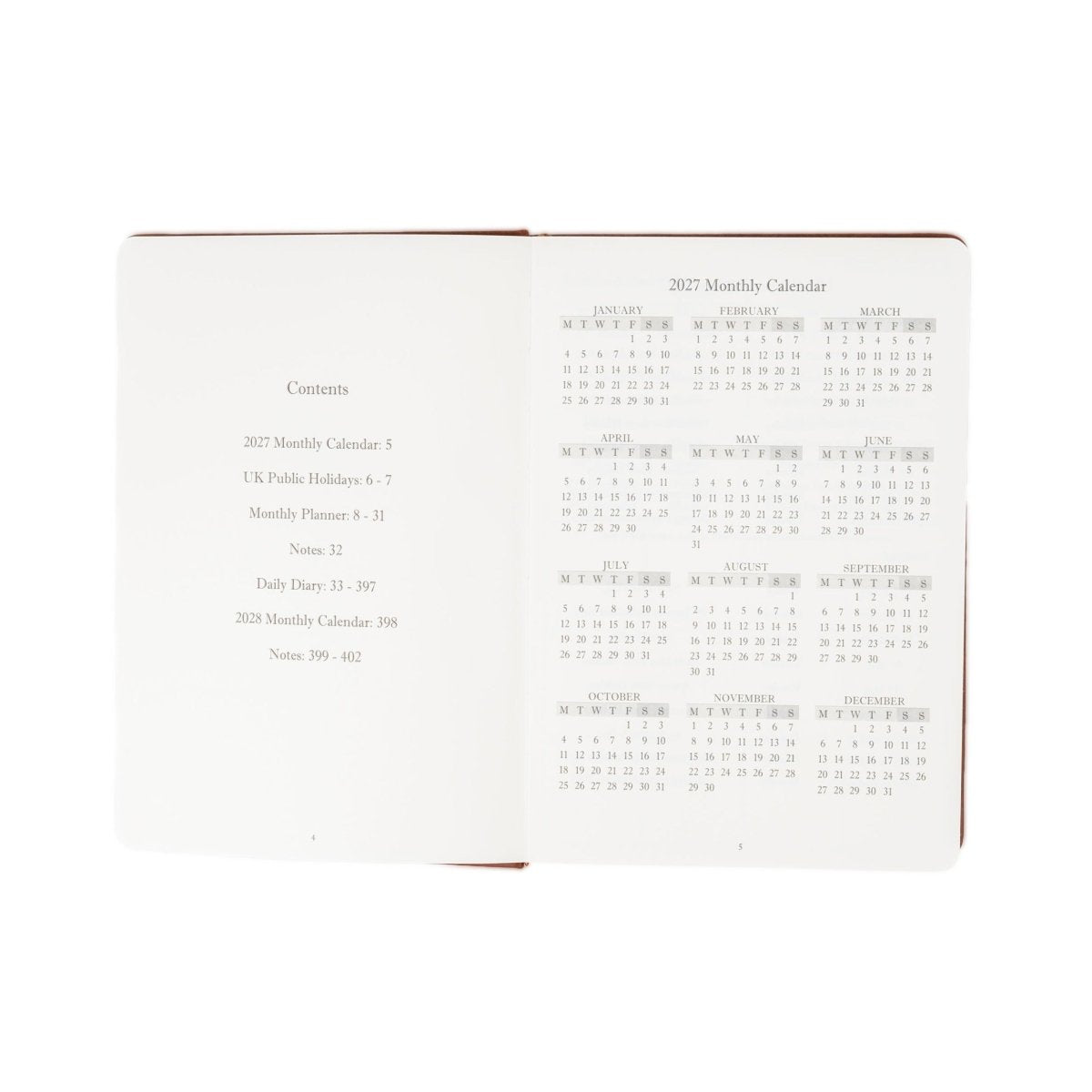 Open 2027 monthly calendar journal with contents list and calendar date grids