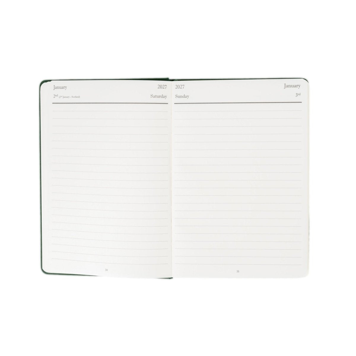 Green-edged 2027 executive journal open to lined weekly planning pages, January.