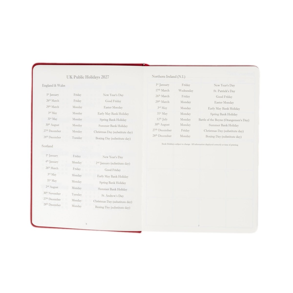 Open 2027 executive journal with UK public holiday list and numbered holidays page