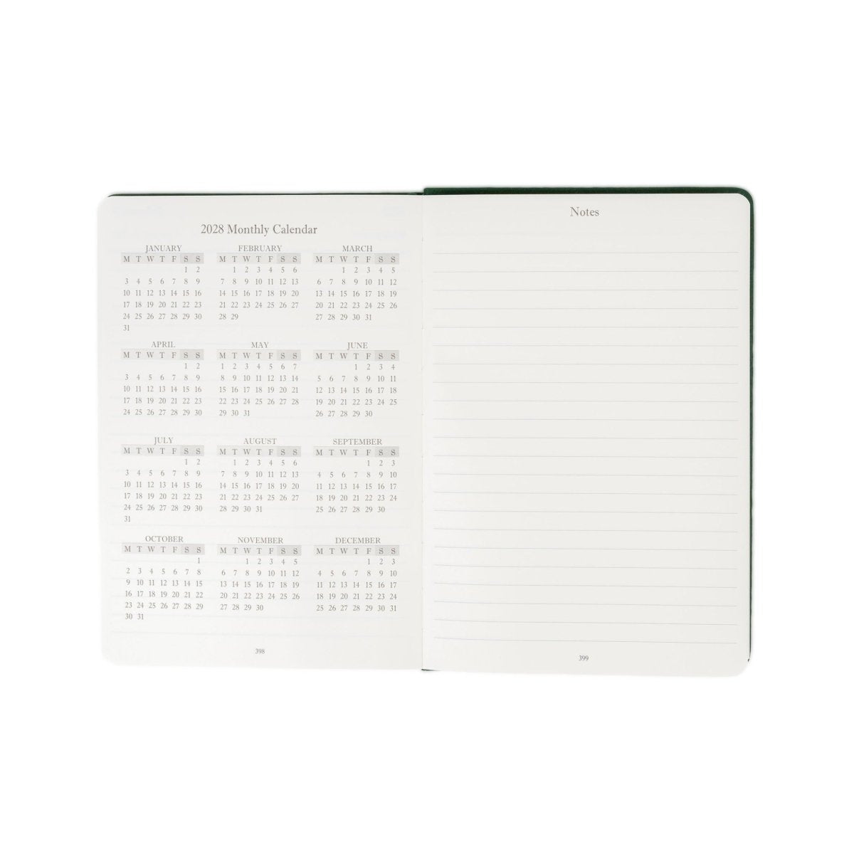 Open 2027 monthly calendar journal with date grid on left and blank notes lines on right