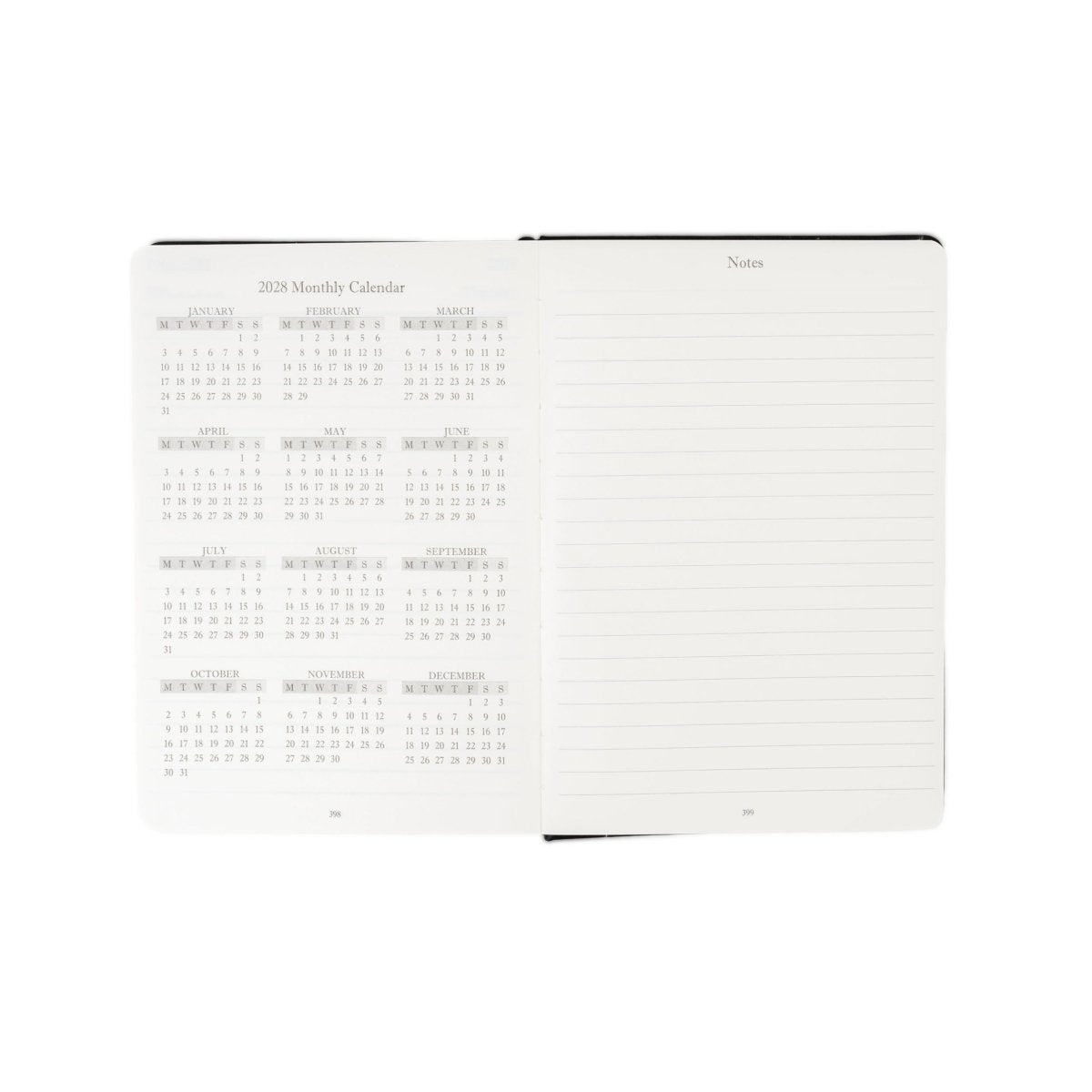 Opened journal showing 2027 monthly calendar on left and lined “Notes” on right
