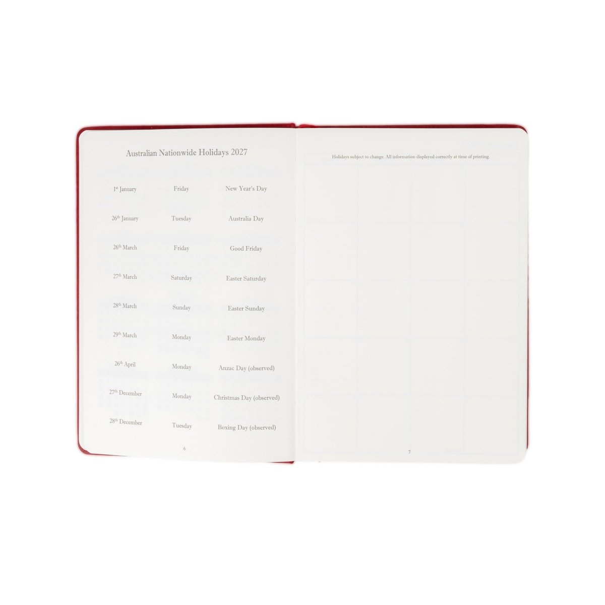 Open planner pages showing a list of Australian public holidays and a blank page