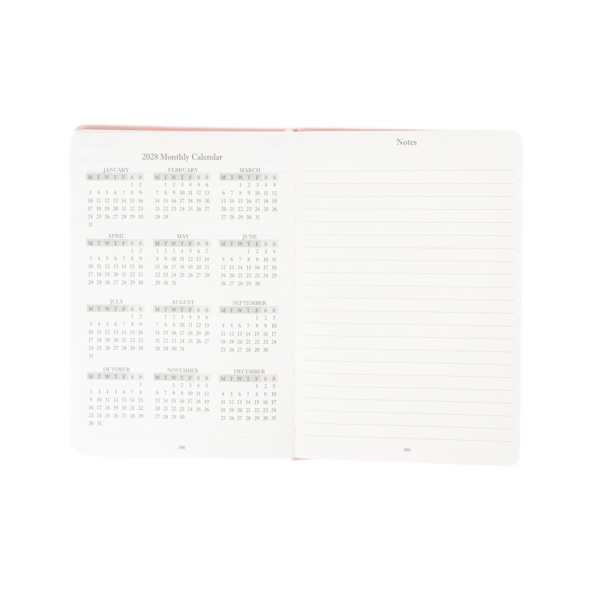 Open “Notes” page with 2028 monthly calendar grid to the left
