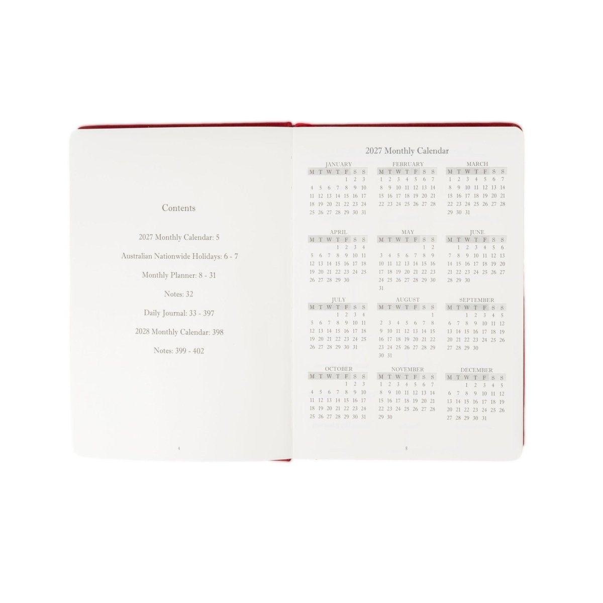 2027 journal open to contents page and monthly calendar pages with date tables