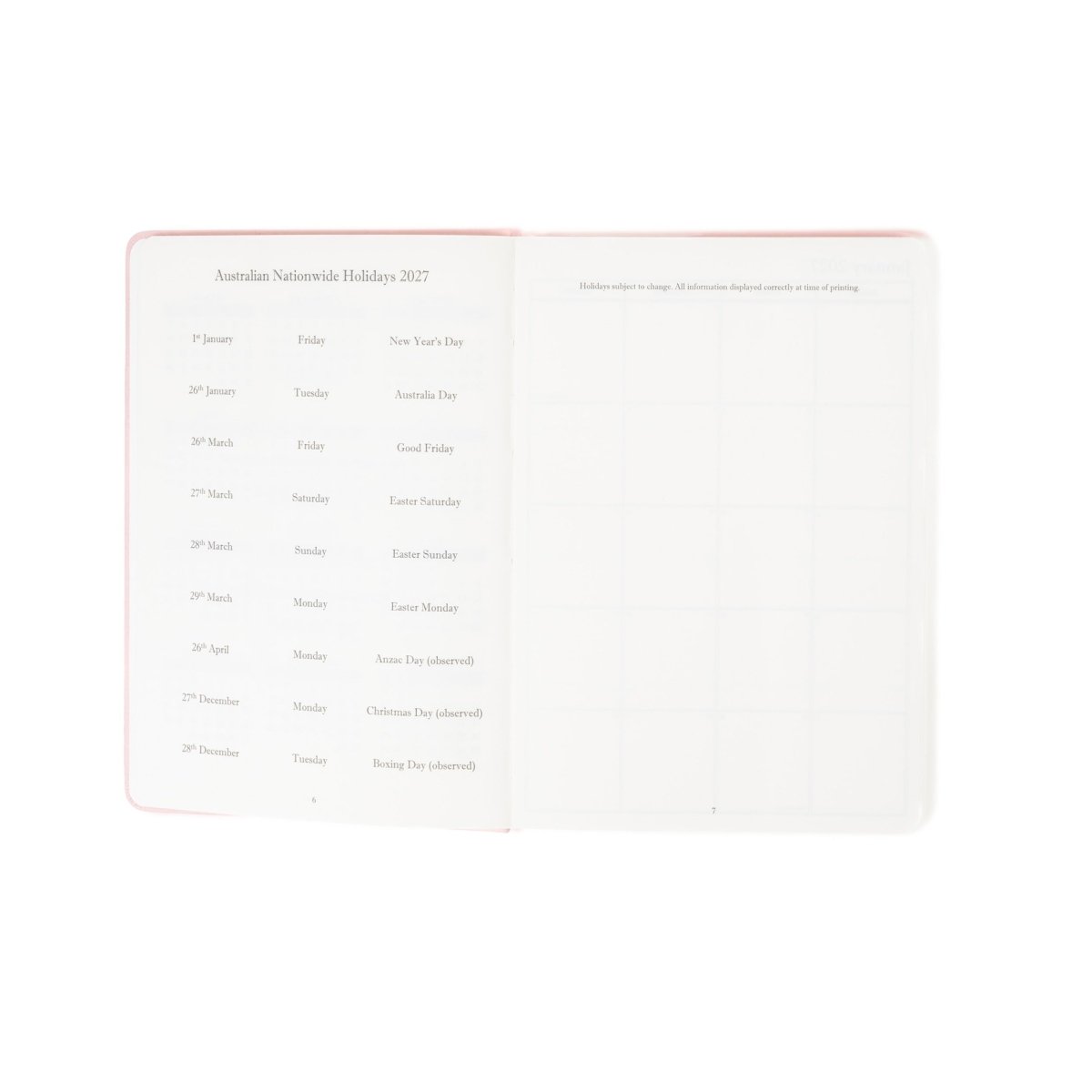 Open pages listing Australian public holidays with a blank planning area