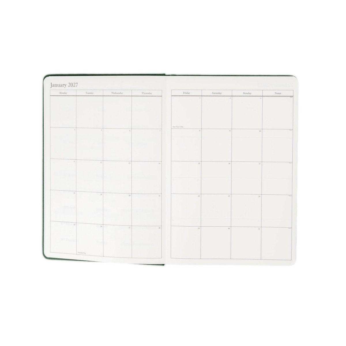 2027 journal open to two monthly view panels with date boxes