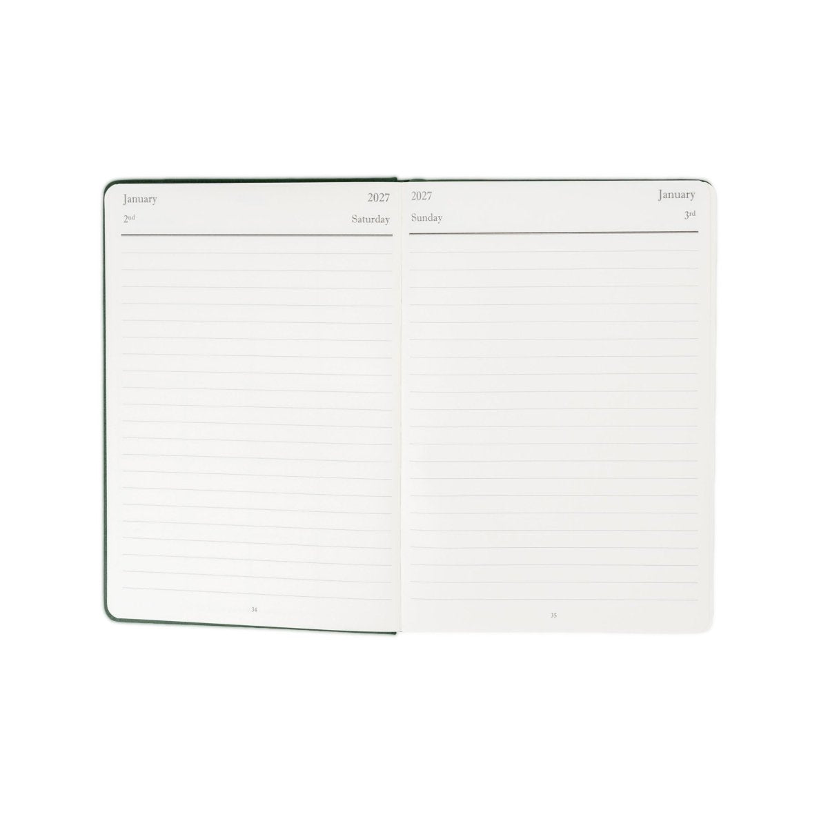 2027 journal open to January layout with ruled lines for daily notes