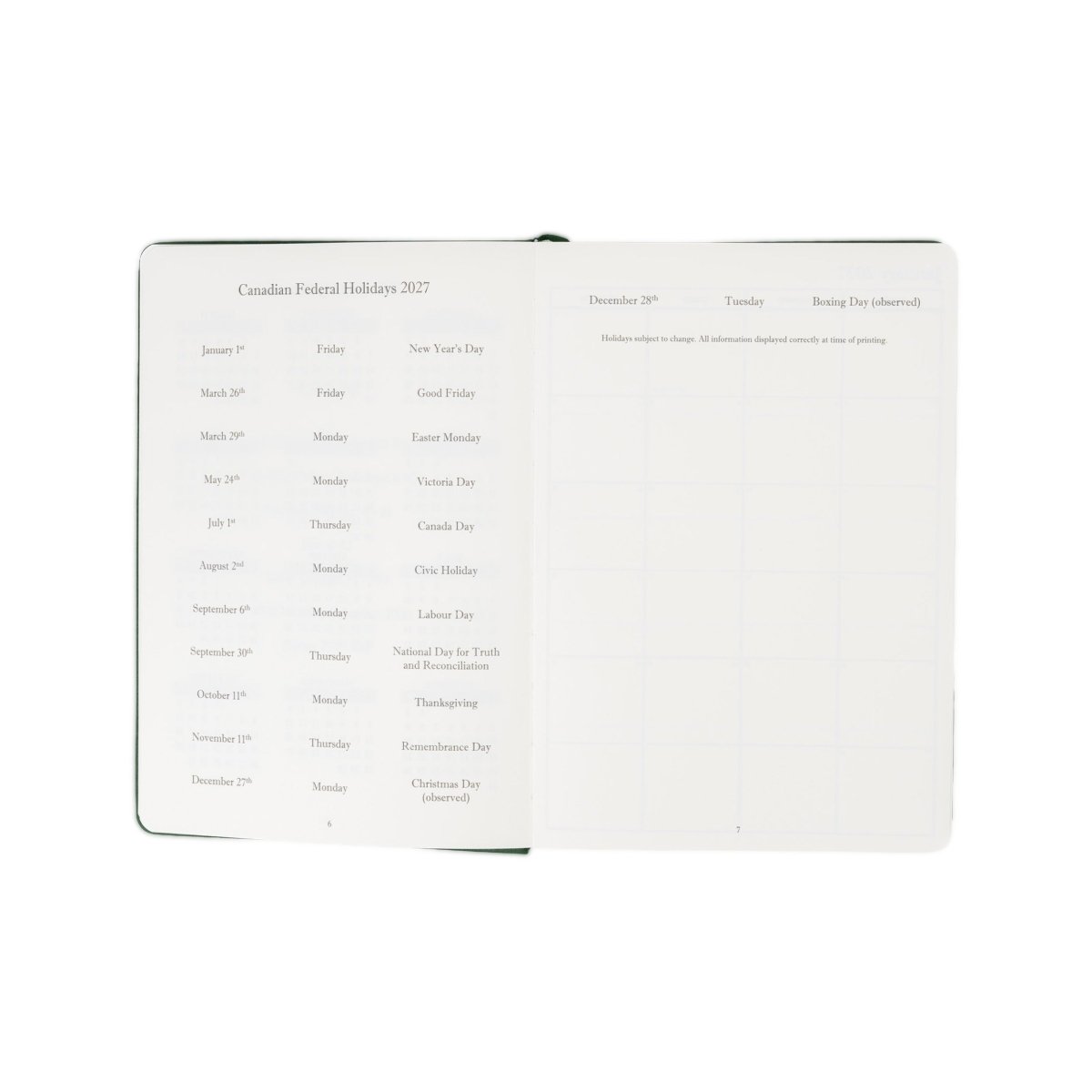2027 planner journal open to Canadian public holiday calendar notes page