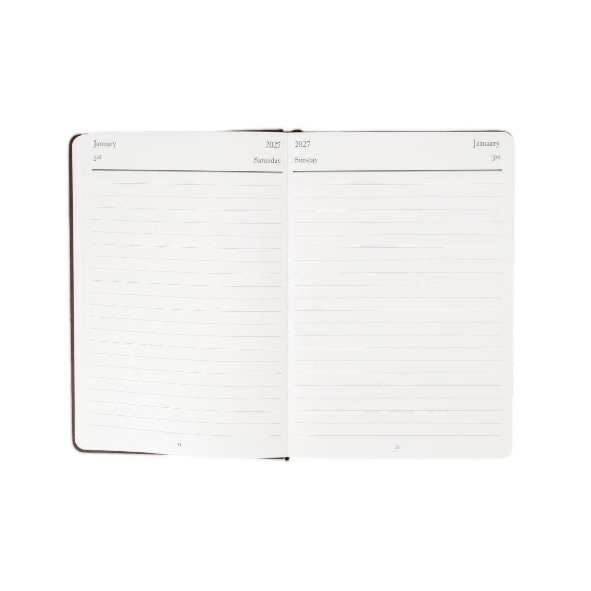 2027 weekly planner journal open to January calendar pages with ruled writing space
