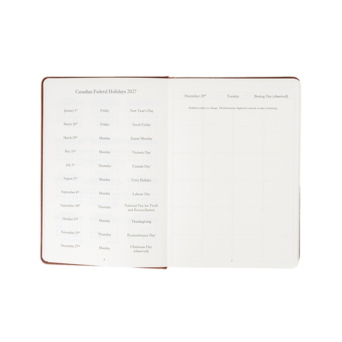 2027 executive journal opened to Canadian holiday listing on the left page