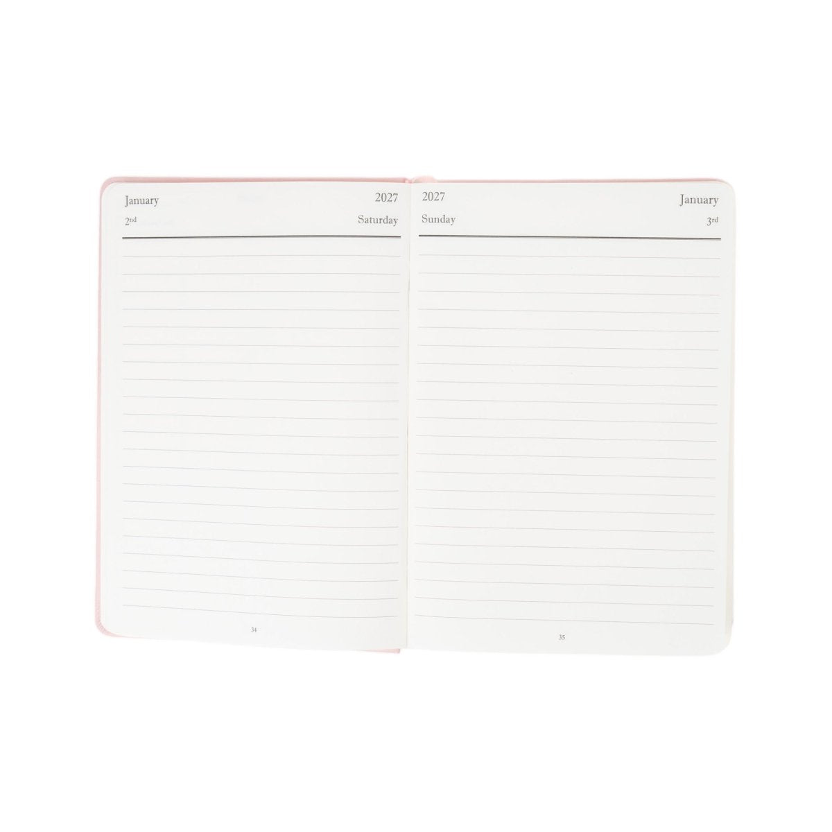 2027 weekly planner journal open to January calendar pages with ruled writing space