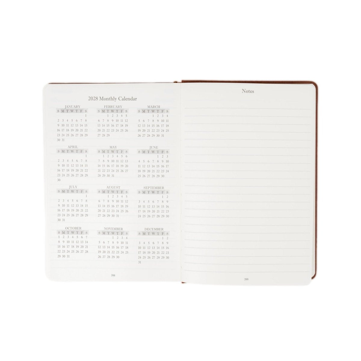 Executive journal open, with 2027 monthly calendar on left and lined notes on right.